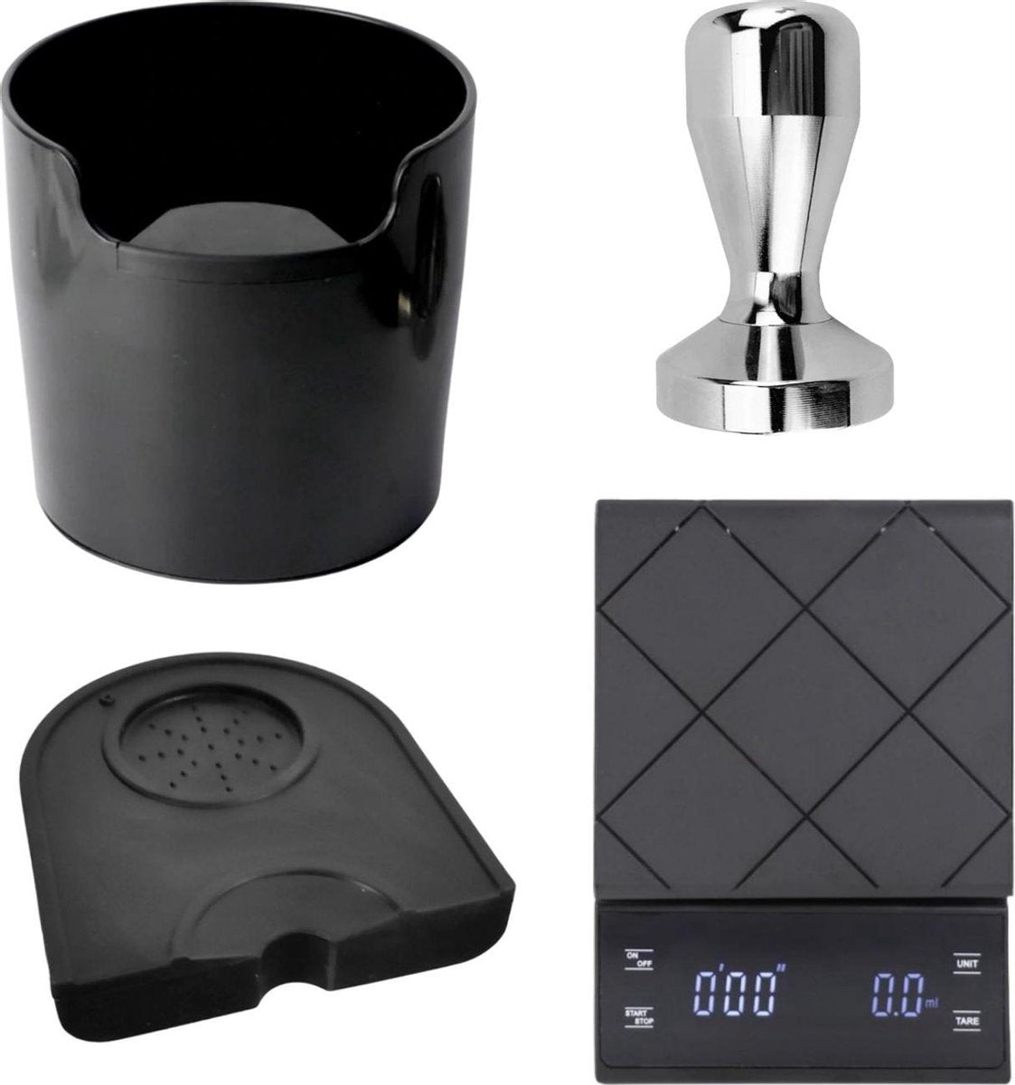 Barista set  - 58mm - zilveren tamper - tampermat - barista weegschaal - uitklopbak