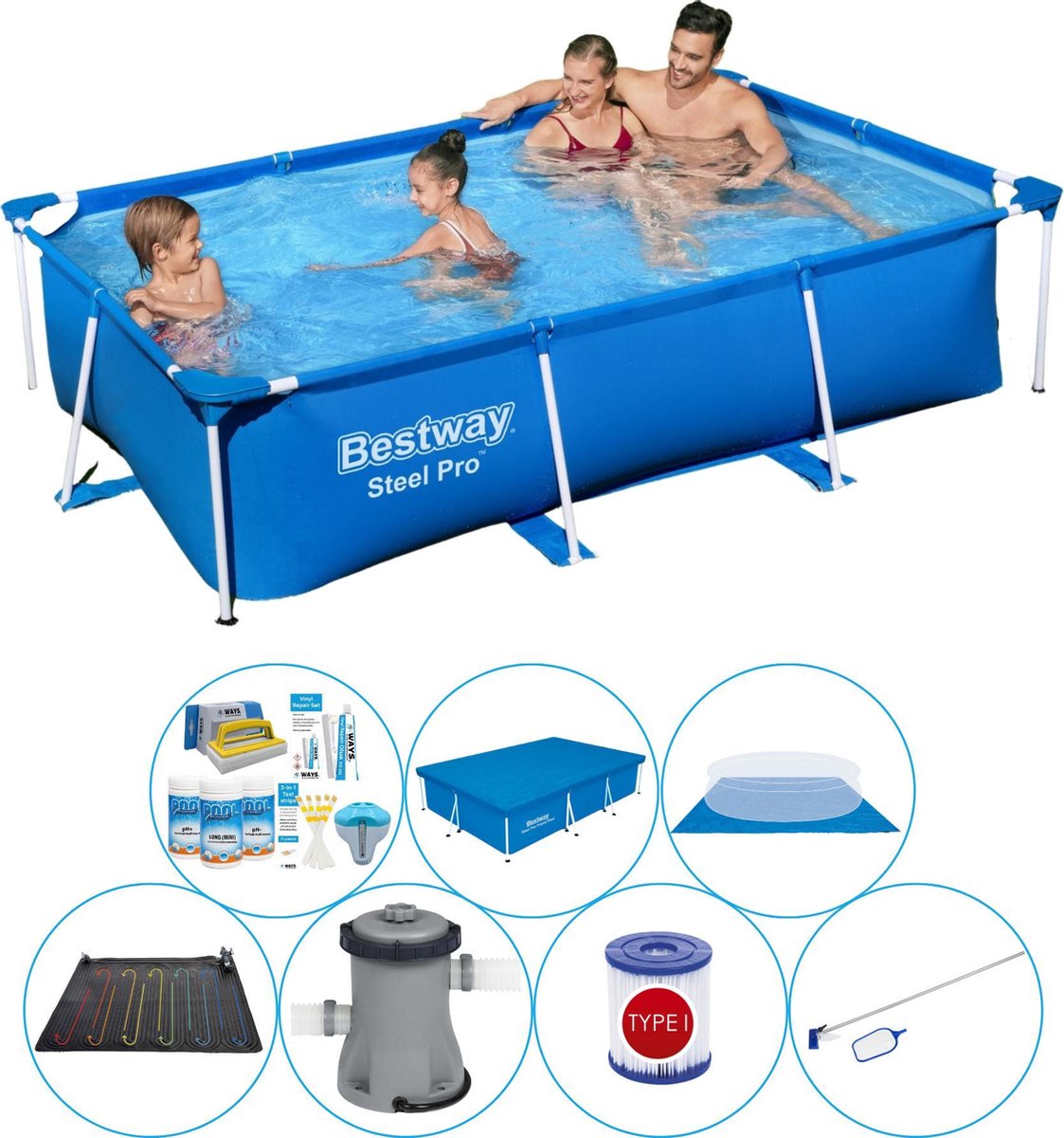 Bestway Steel Pro Rechthoekig Zwembad - 259 x 170 x 61 cm - Blauw - Inclusief Accessoires - Voordeelpakket