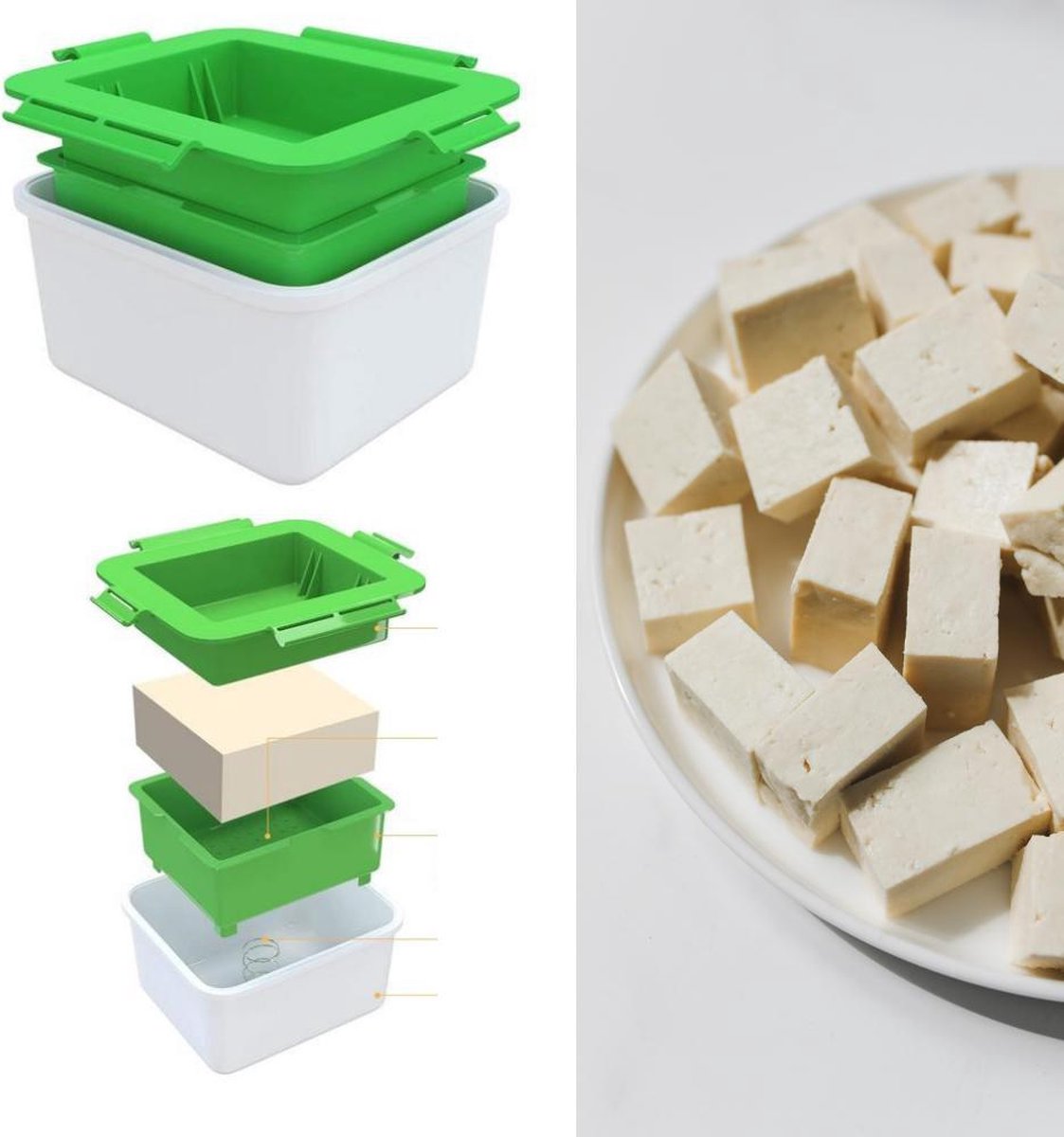 Bascessoires TofuPers Groen Wit - 3 Delige Tofu pers - Vegetarische Keukengerei - Vegetariër - Vega - Vegan