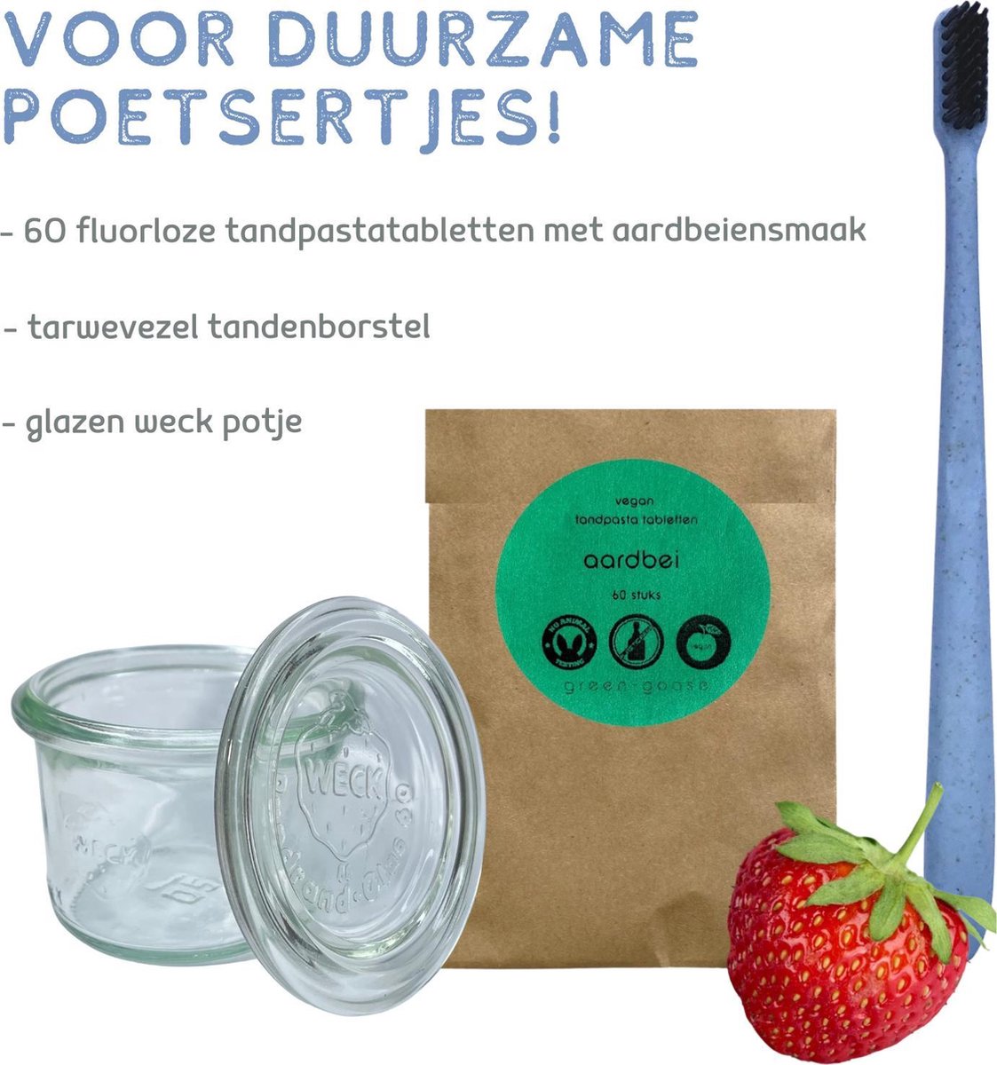 green-goose® Kinder Tandverzorgingpakket Jongens | 60 Aardbei Tandpasta Tabletten | 1 Zachte Tarwevezel Tandenborstel | Glazen Bewaarpotje | Geen Fluoride