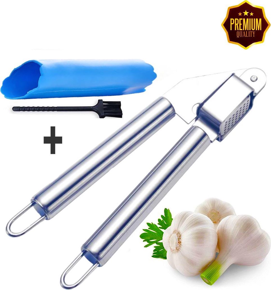 3 in 1 Knoflookpers set - Gemberpers set - Knoflookpers rvs - Met Knoflookschiller en Borsteltje - Knoflookpers RVS
