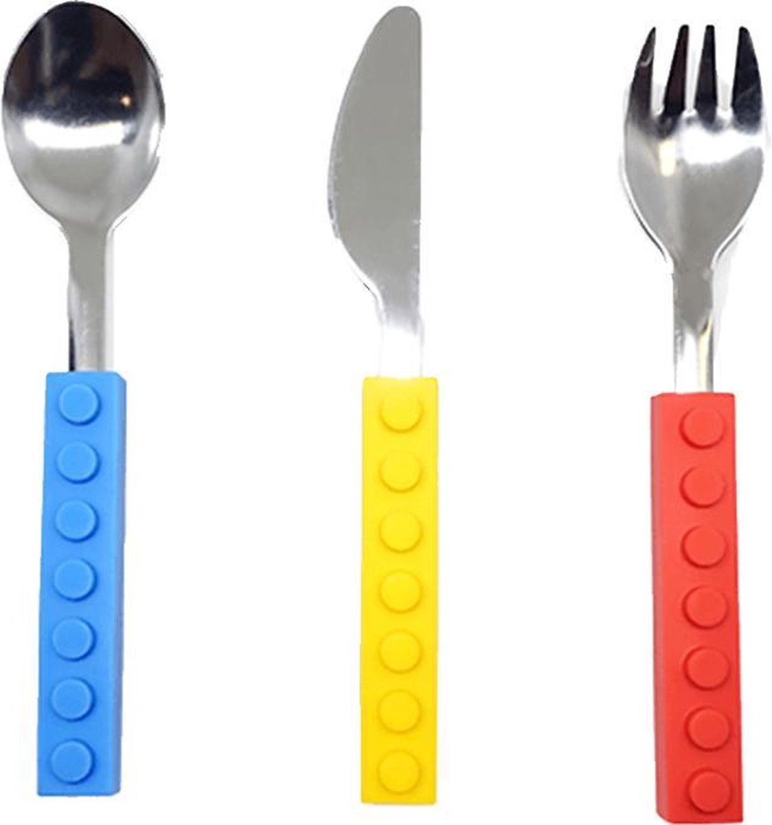 Stapelbaar Lego design brick bouwstenen 3 delig kinderbestek set rood geel blauw Siliconen handvat BPA vrij RVS speelgoed leuk als verjaardag cadeau kind