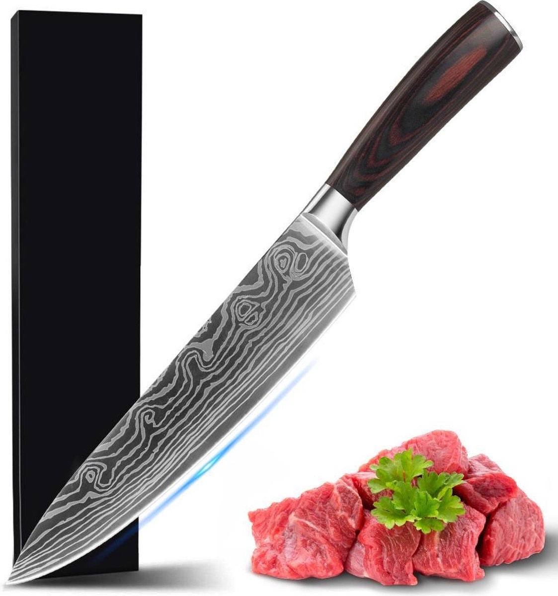 Professioneel koksmes 20 cm - In cadeau verpakking - Damascus print - Hout handvat - Keukenmes - Koksmes