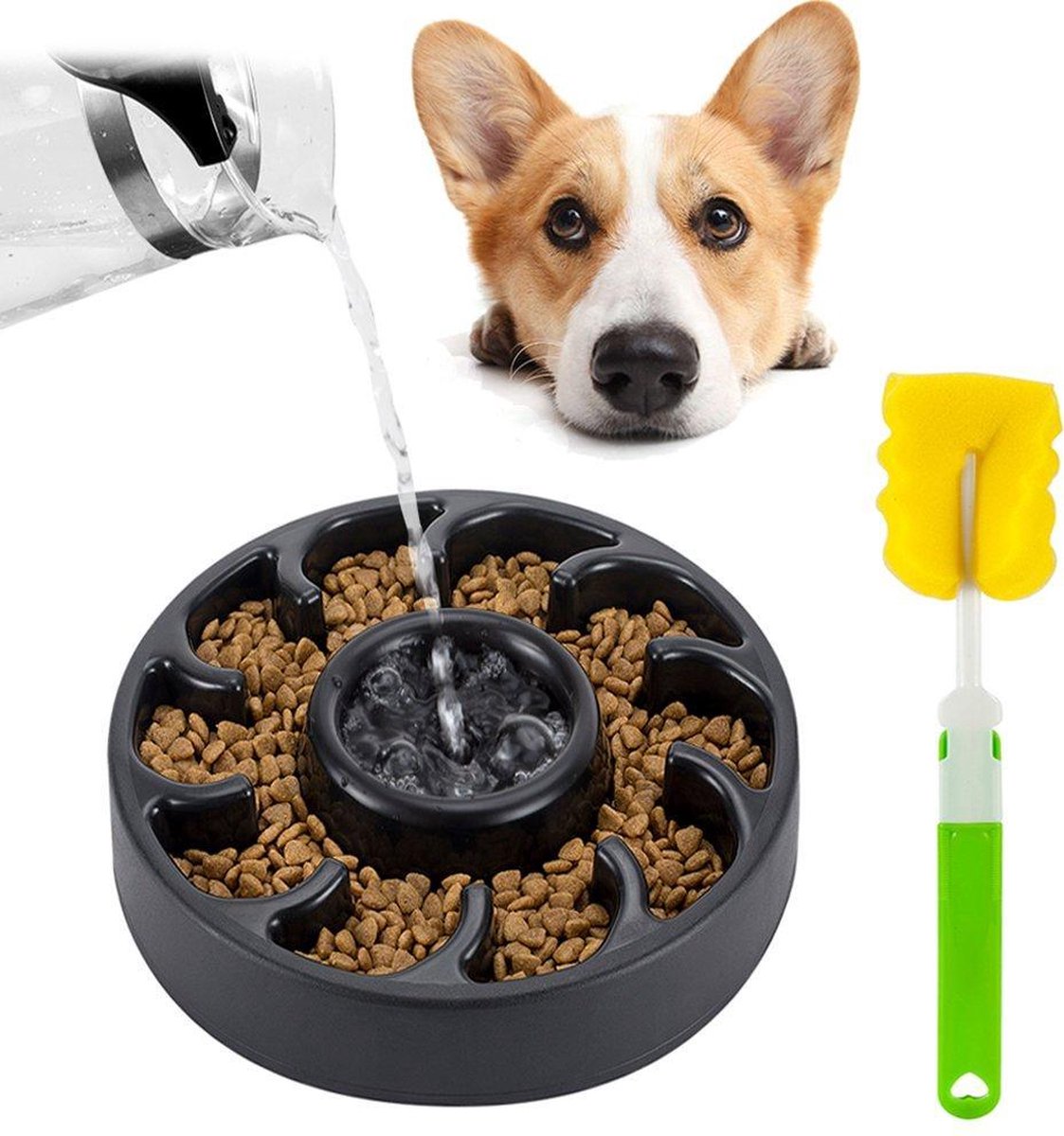 TZ® Anti-schrokbak voor honden met reinigingsborstel | Anti-slip Hondenkom gemaakt van melamine | Natural BPA-vrije voerbak | Slow feeder voor honden en katten | Vermindert opname en overeten voerbak | Slow bowl hondenkom