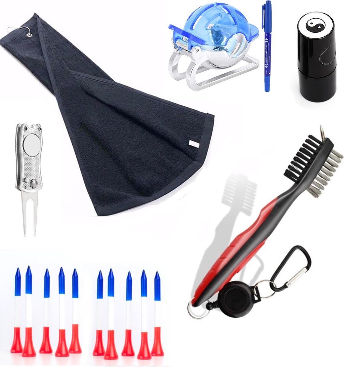 Firsttee - Golf Accessoires Set -  COMPLEET SETJE -  OP = OP - Sport - Training - Golftrainingsmateriaal - Trainingsmaterialen - Trolley - Tees - Golftas - Pitchfork - Schoonmaak borstel - Brush - Handdoek - Marker - Mat - Net - balstempel - Stempel