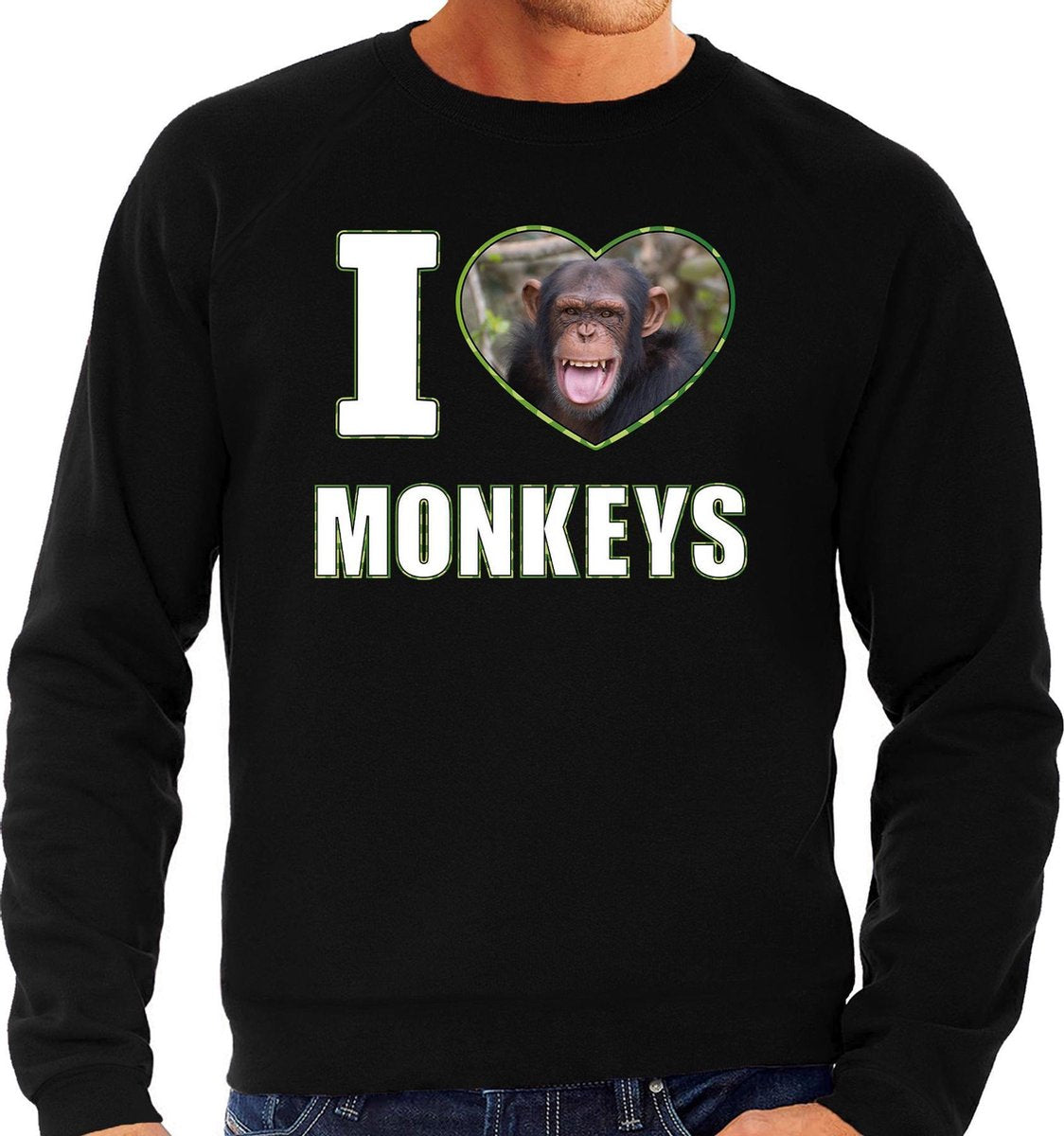 I love monkeys trui met dieren foto van een Chimpansee aap zwart voor dames - cadeau sweater apen liefhebber M