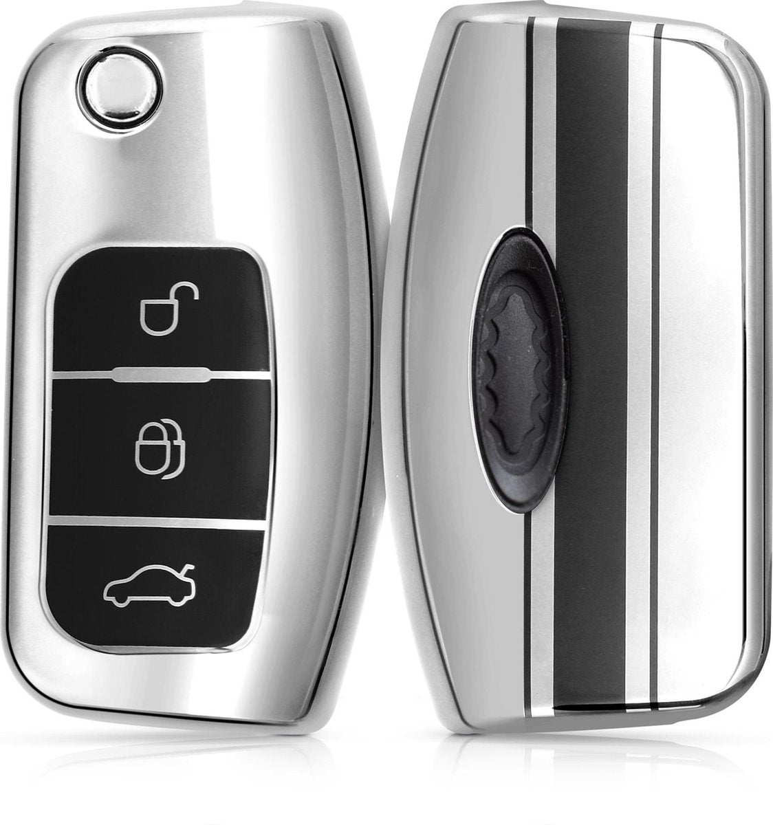 kwmobile autosleutelhoes voor Ford 3-knops inklapbare autosleutel - TPU beschermhoes - sleutelcover - Rallystrepen design - zwart / hoogglans zilver