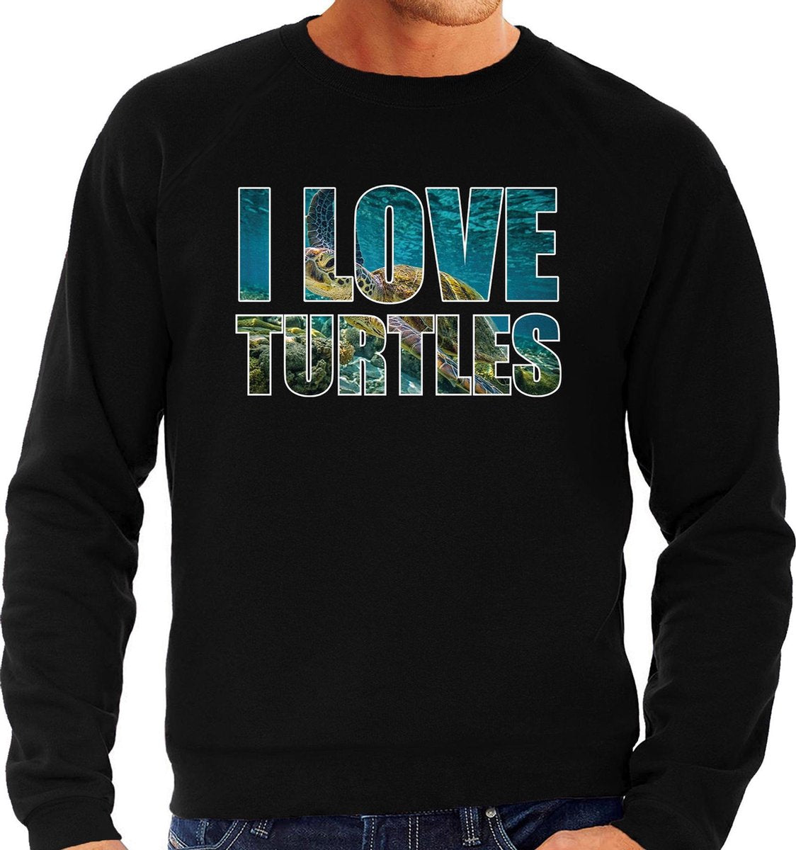 Tekst sweater I love turtles met dieren foto van een schildpad zwart voor heren - cadeau trui zeeschildpadden liefhebber M