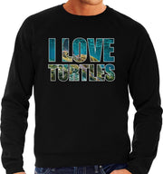 Tekst sweater I love turtles met dieren foto van een schildpad zwart voor heren - cadeau trui zeeschildpadden liefhebber M