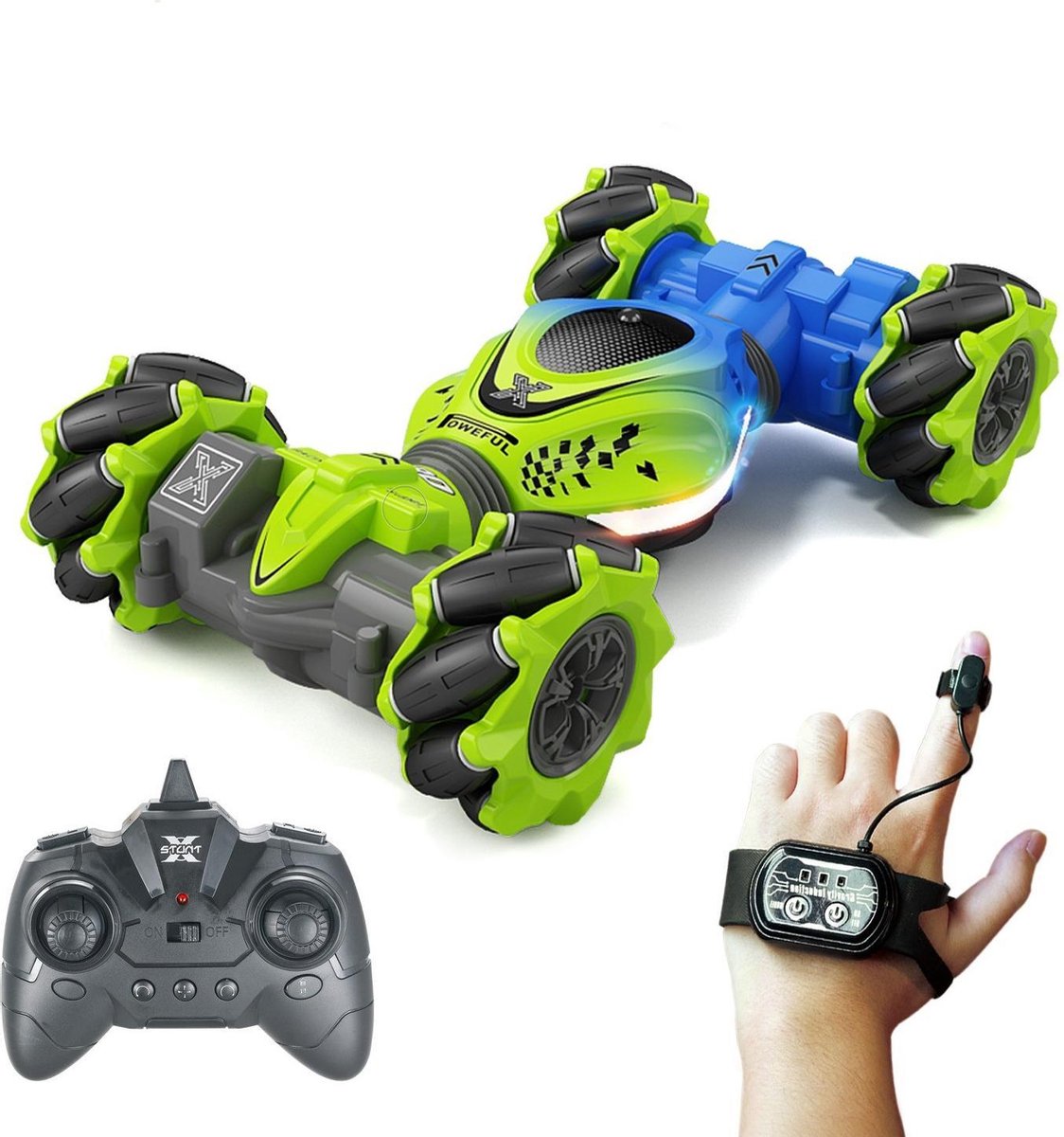 Huntex RC 4WD Twist / Stunt Car - Gratis EXTRA Accu - Groen/Blauw - Transformerende Auto - Afstand bestuurbare auto - RC Auto Offroad - Volwassenen - Kind - Stuntauto