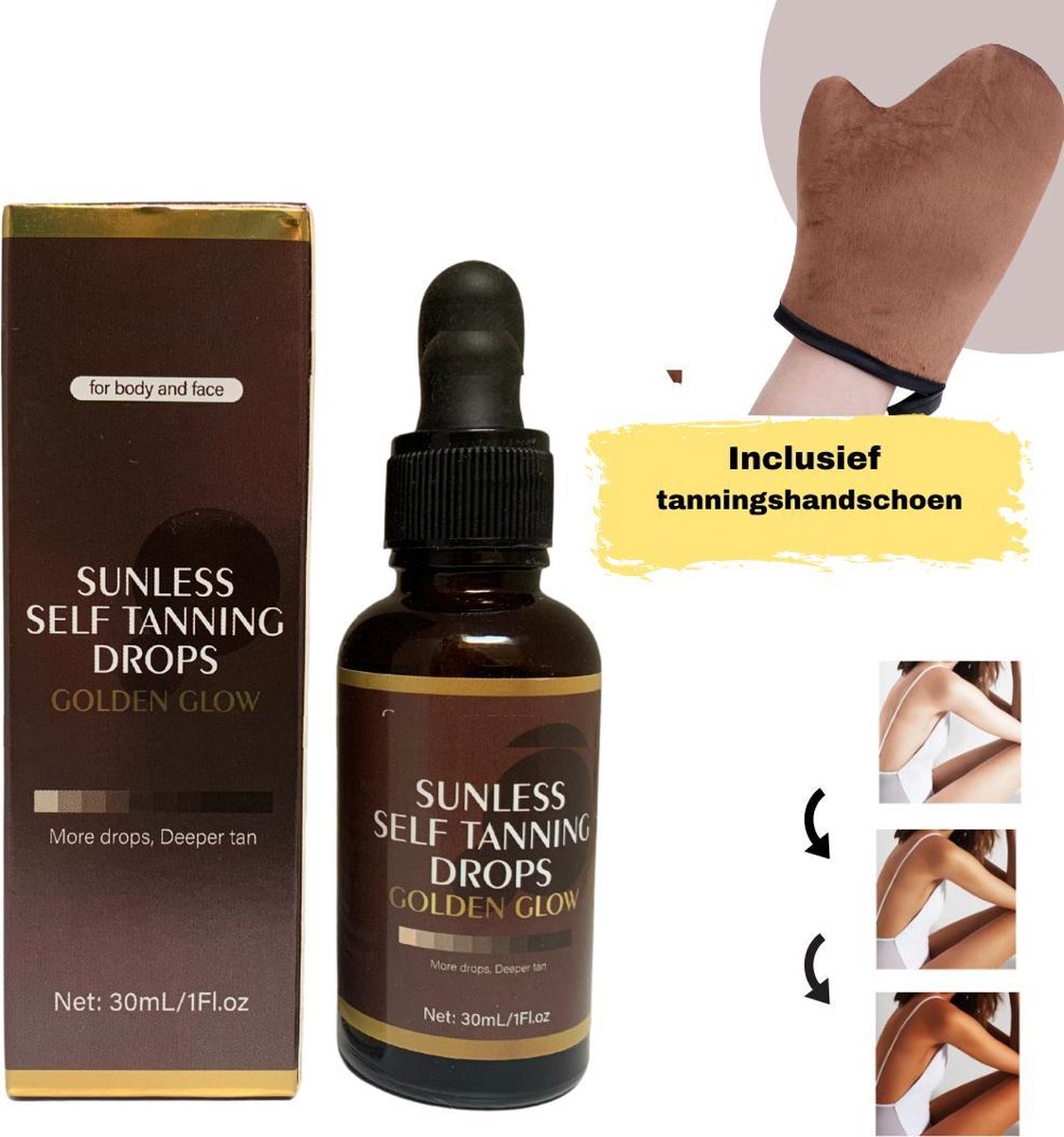 Zelfbruiner Drops - Selftan voor Gezicht/Lichaam  - Snelbruiner Medium 30 ML + Tanning handschoen (t.w.v. 12.99)