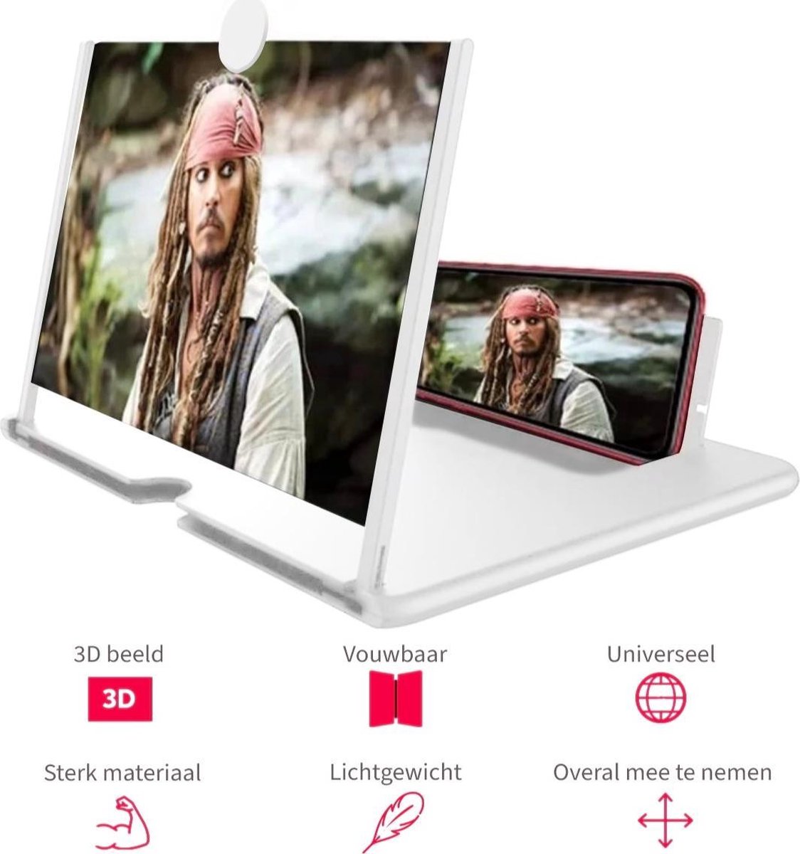 Telefoon Vergrootglas- Smartphone Vergrootscherm- 3D beeld- Wit 12 Inch- Inclusief Smartphone ringhouder