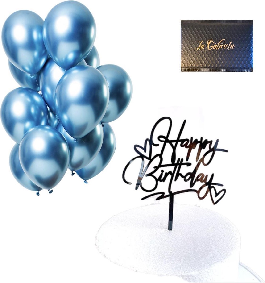 La Gabriela - 1 x Cake Topper Set (20 Luxe Ballonnen + 1 Caketopper) - Happy Birthday - Black - Verjaardag - Luxe Metallic Ballonnen