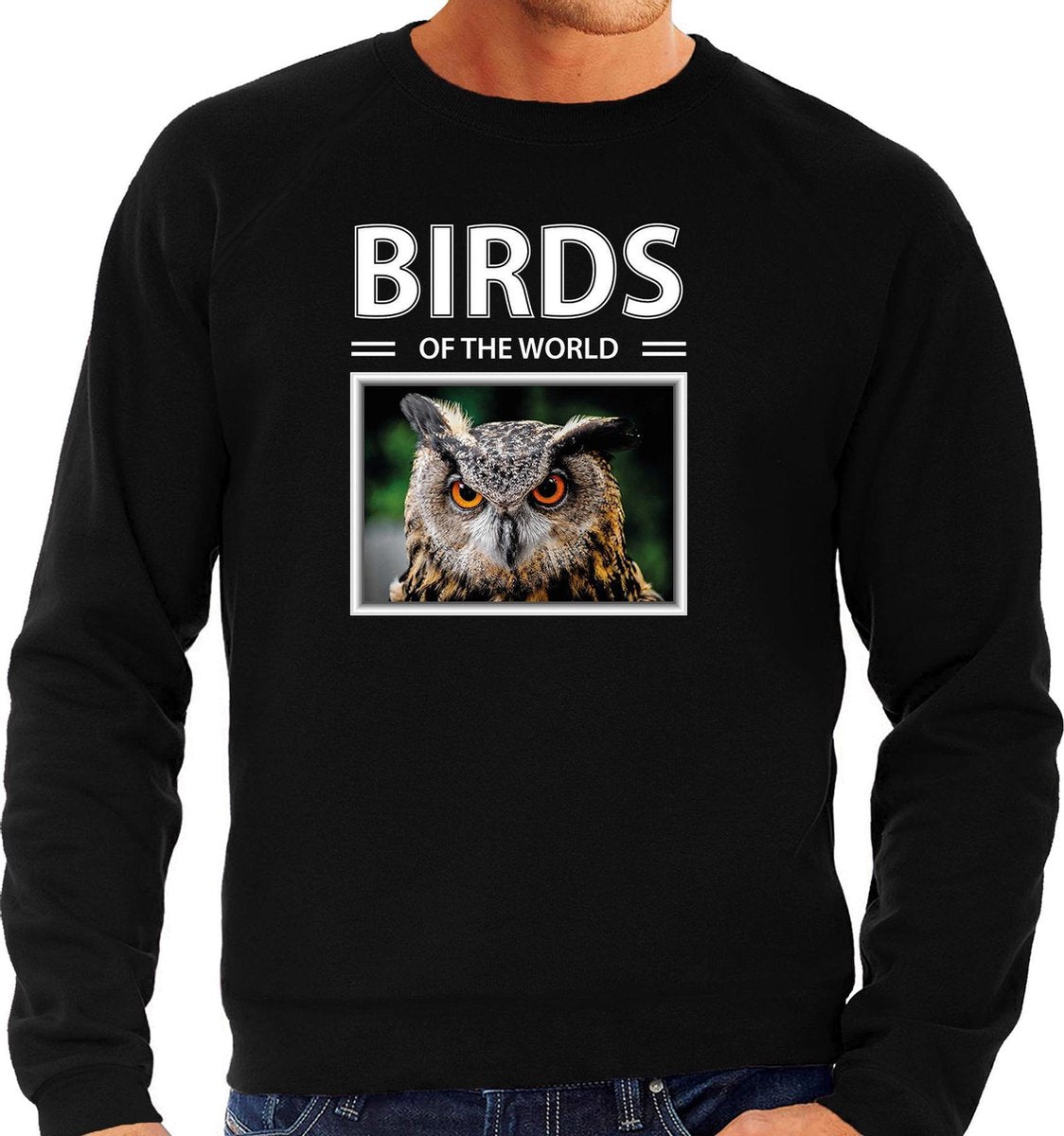 Dieren foto sweater Uil - zwart - heren - birds of the world - cadeau trui Uilen liefhebber S