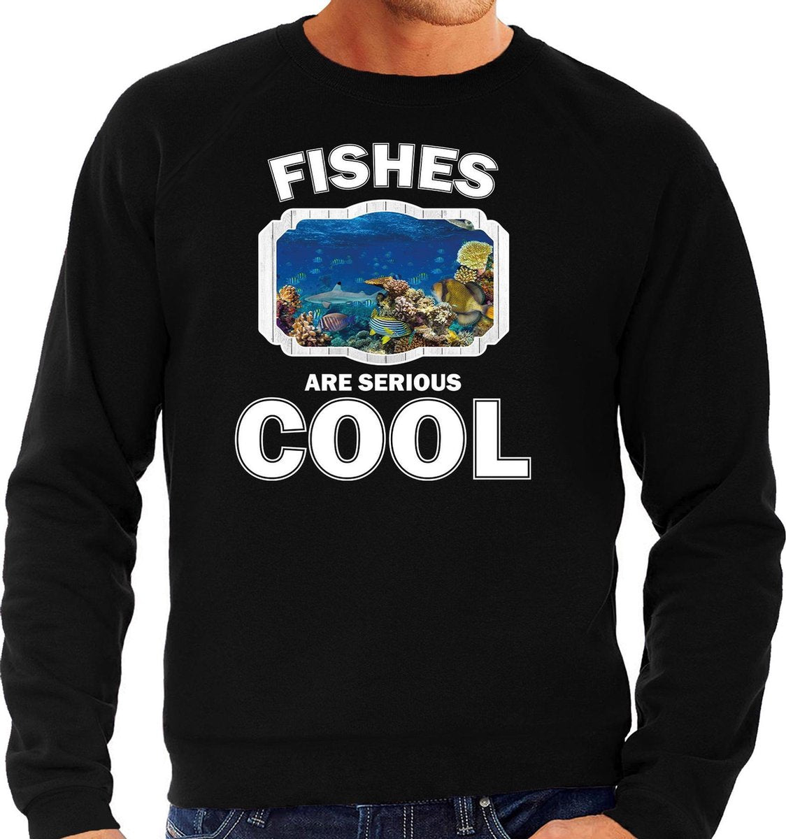 Dieren vissen sweater zwart heren - fishes are serious cool trui - cadeau sweater vis/ vissen liefhebber S