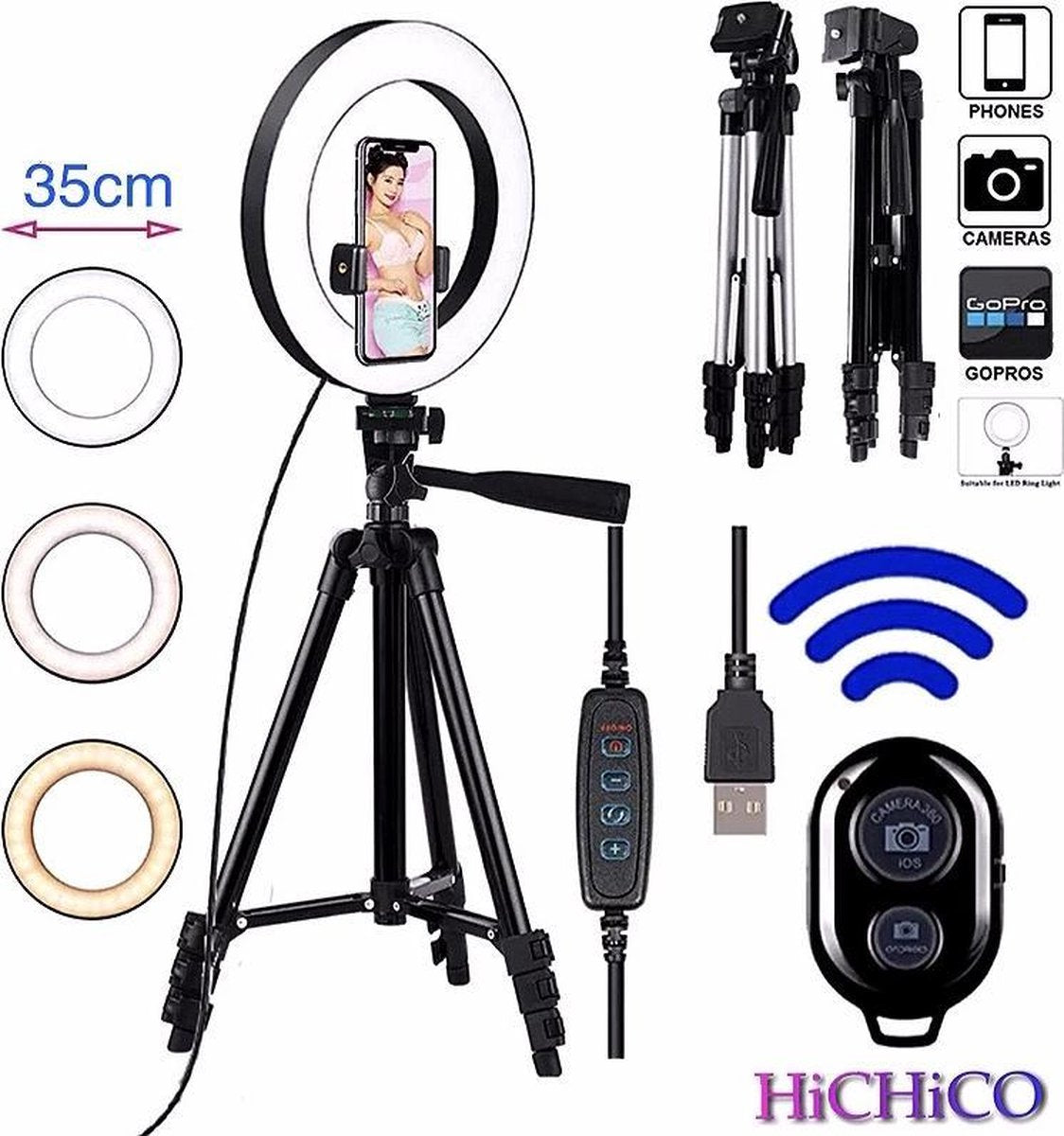 LED Ring Light 35 Cm met Smartphone Tripod Camera Statief Zwart Inclusief Bluetooth shutter – HiCHiCO