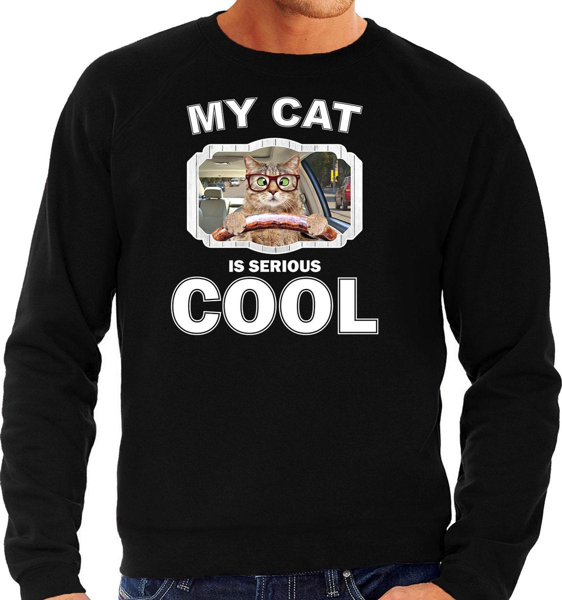 Auto rijjdende kat katten trui / sweater my cat is serious cool zwart - heren - katten / poezen liefhebber cadeau sweaters S