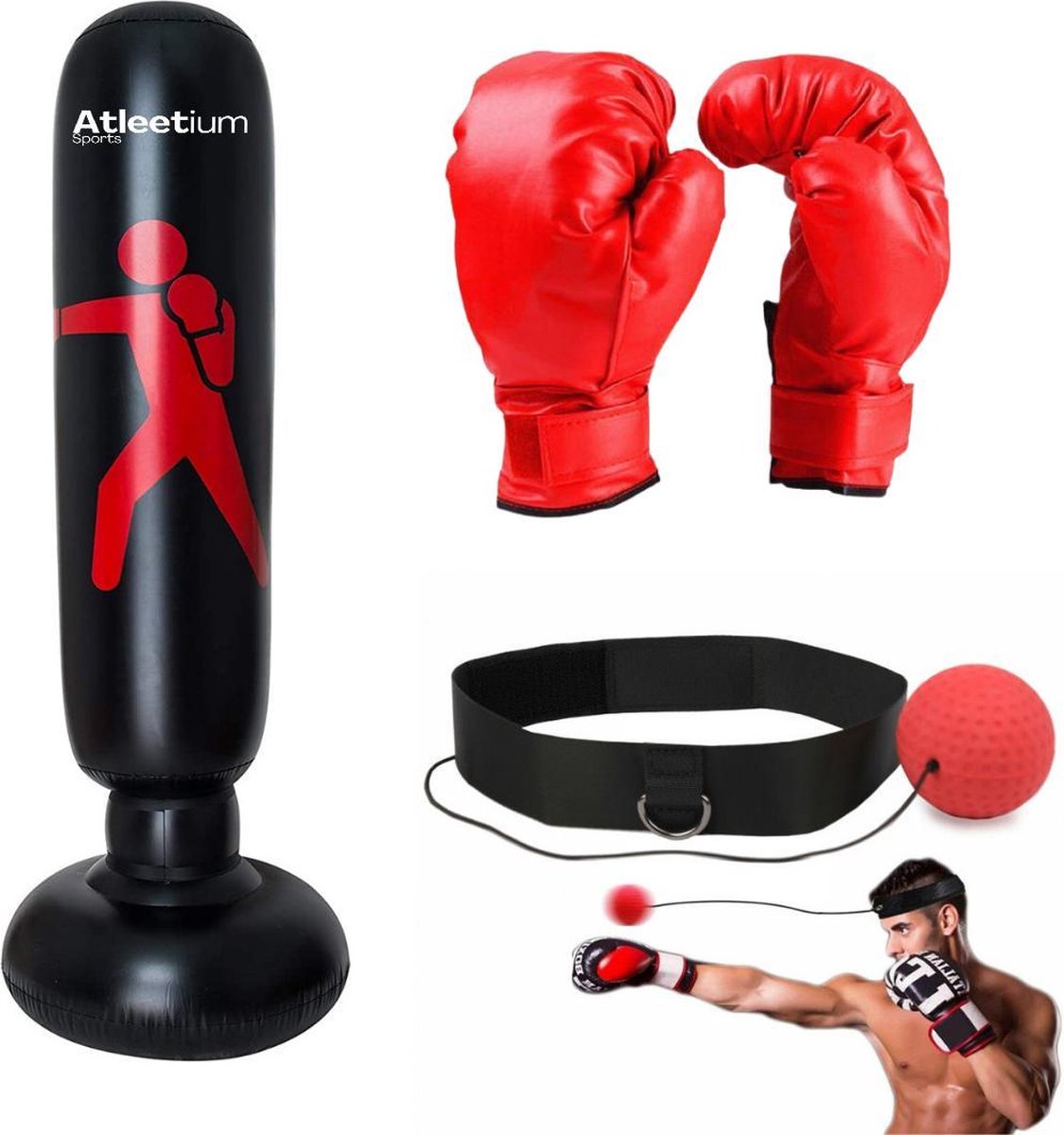 Atleetium Opblaasbare Bokszak - Bokspaal - Staande Bokszak - Bokszak voor Kinderen/Volwassenen - Boxzak - Boksen en Trainen - Inclusief GRATIS Bokshandschoenen & Boxbal - Zwart