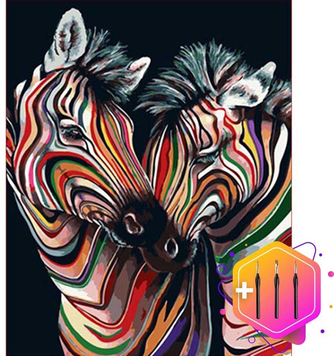 Pcasso ® Twee Zebra's Multicolor Zwart – Schilderen Op Nummer –  Inclusief 3 Ergonomische Penselen - Schilderen Op Nummer Dieren - Schilderen Op Nummer Volwassenen – Canvas Schilderdoek – Kleuren Op Nummer - Paint By Number - 40x50 cm