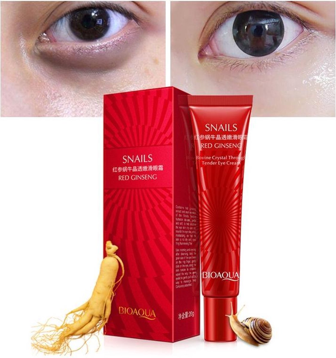 Red Ginseng oog crème | Oogcrème met Rode Ginseng en Slakkengel | Tegen wallen en Donkere kringen | Oogcontourcrème | 20 ML