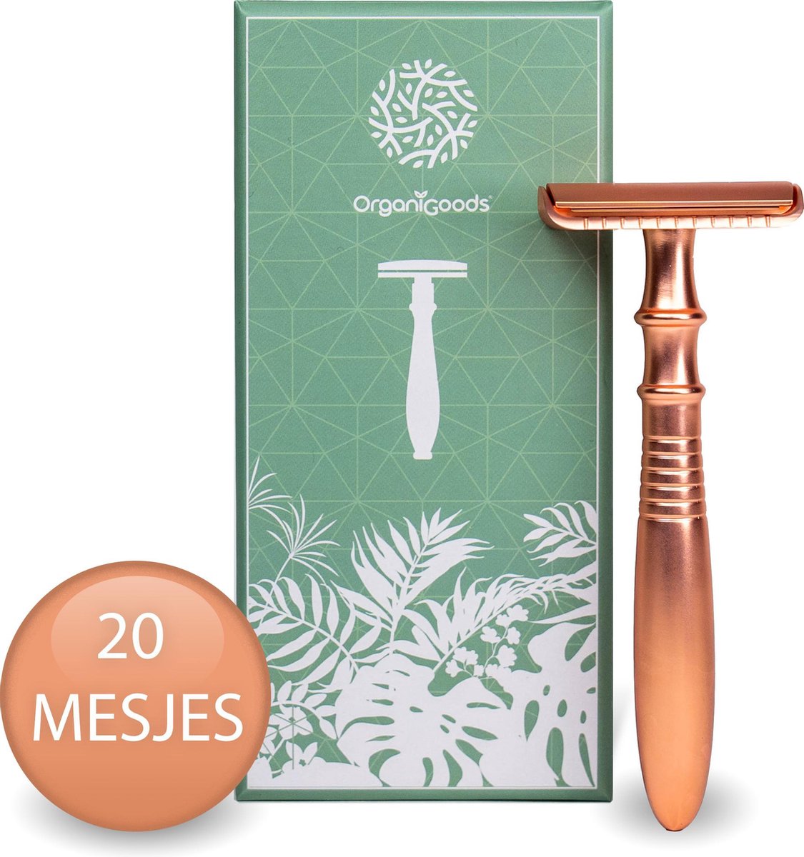 OrganiGoods Safety Razor + 20 scheermesjes Rose Gold Goud voor vrouwen dames - Double Edge Single Blade - Zero Waste Duurzaam Scheermes