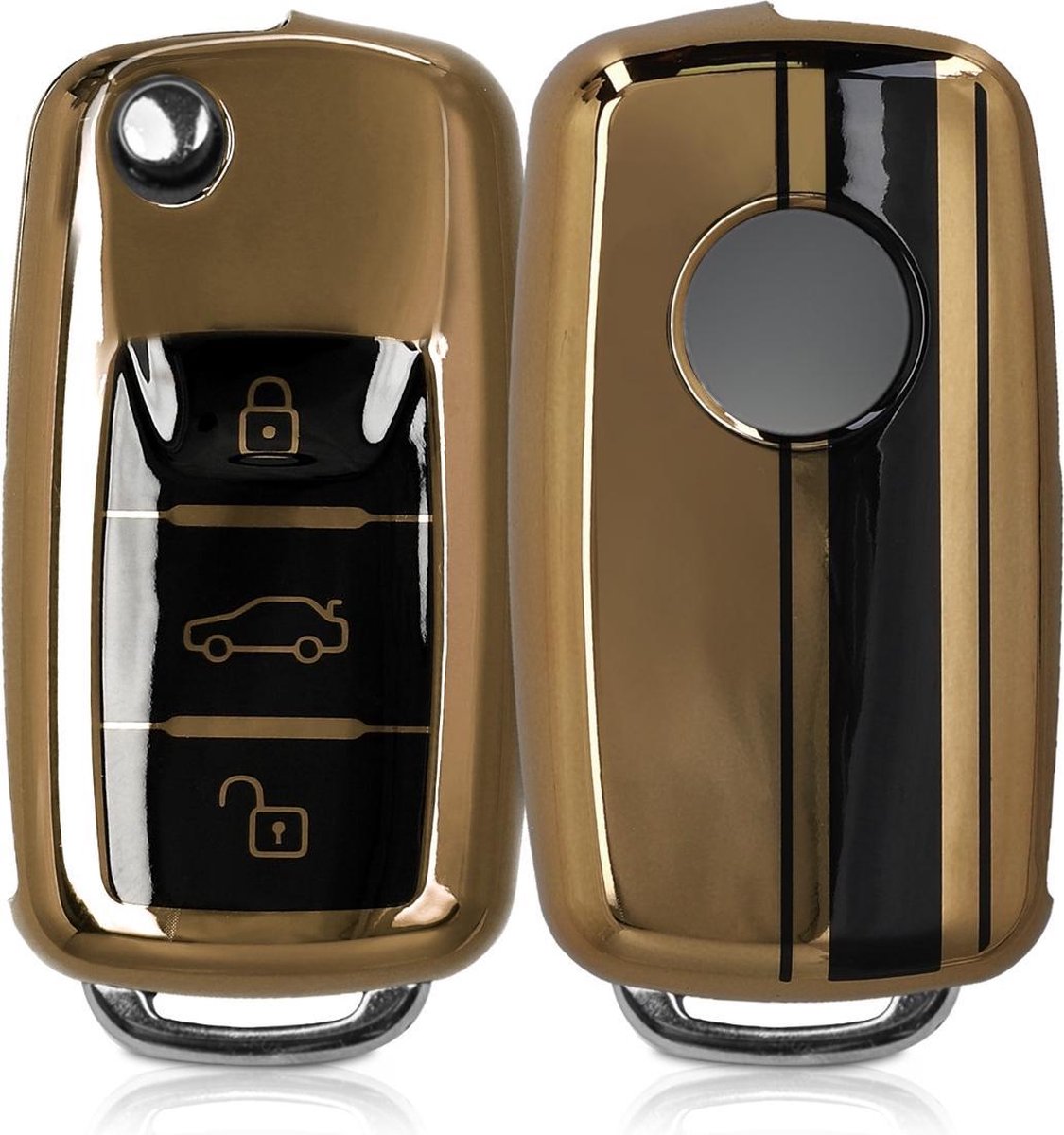 kwmobile autosleutelhoes voor VW Skoda Seat 3-knops autosleutel - TPU beschermhoes - sleutelcover - Rallystrepen design - zwart / hoogglans goud