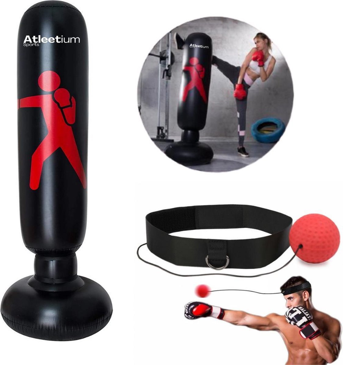Atleetium Opblaasbare Bokszak - Bokspaal - Staande Bokszak - Bokszak voor Kinderen/Volwassenen - Boxzak - Boksen en Trainen - Inclusief GRATIS Boxbal - Zwart