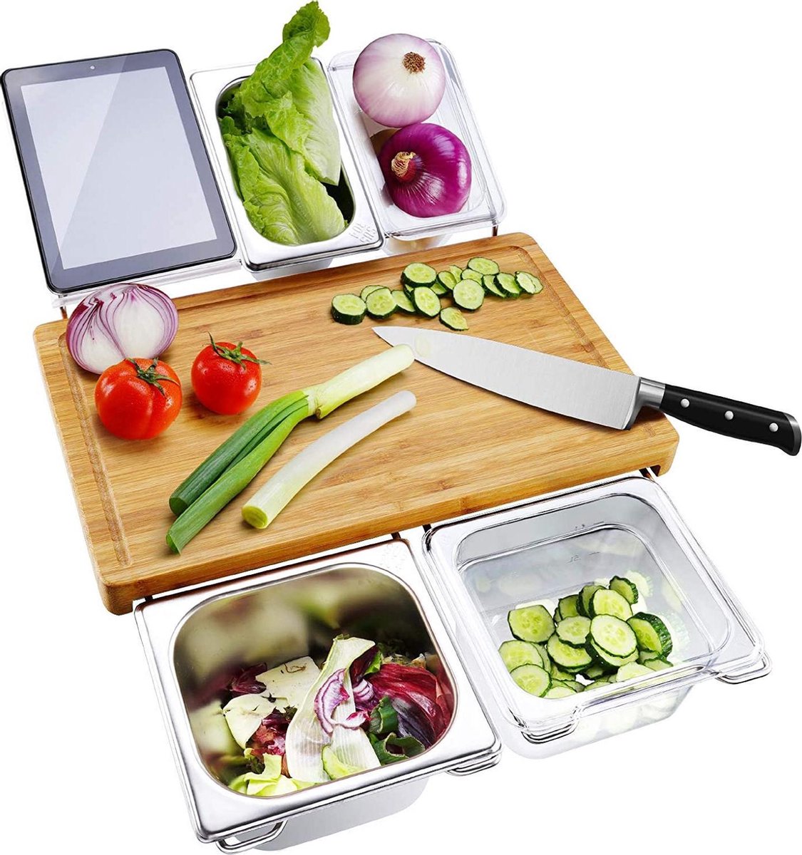 ESSENTIALS73 Bamboe snijplank met opvangbakken · 5 stalen opvangbakken · BBQ · Bamboo -  Hout · Duurzaam · Vlees · Groente · Fruit - Bakken