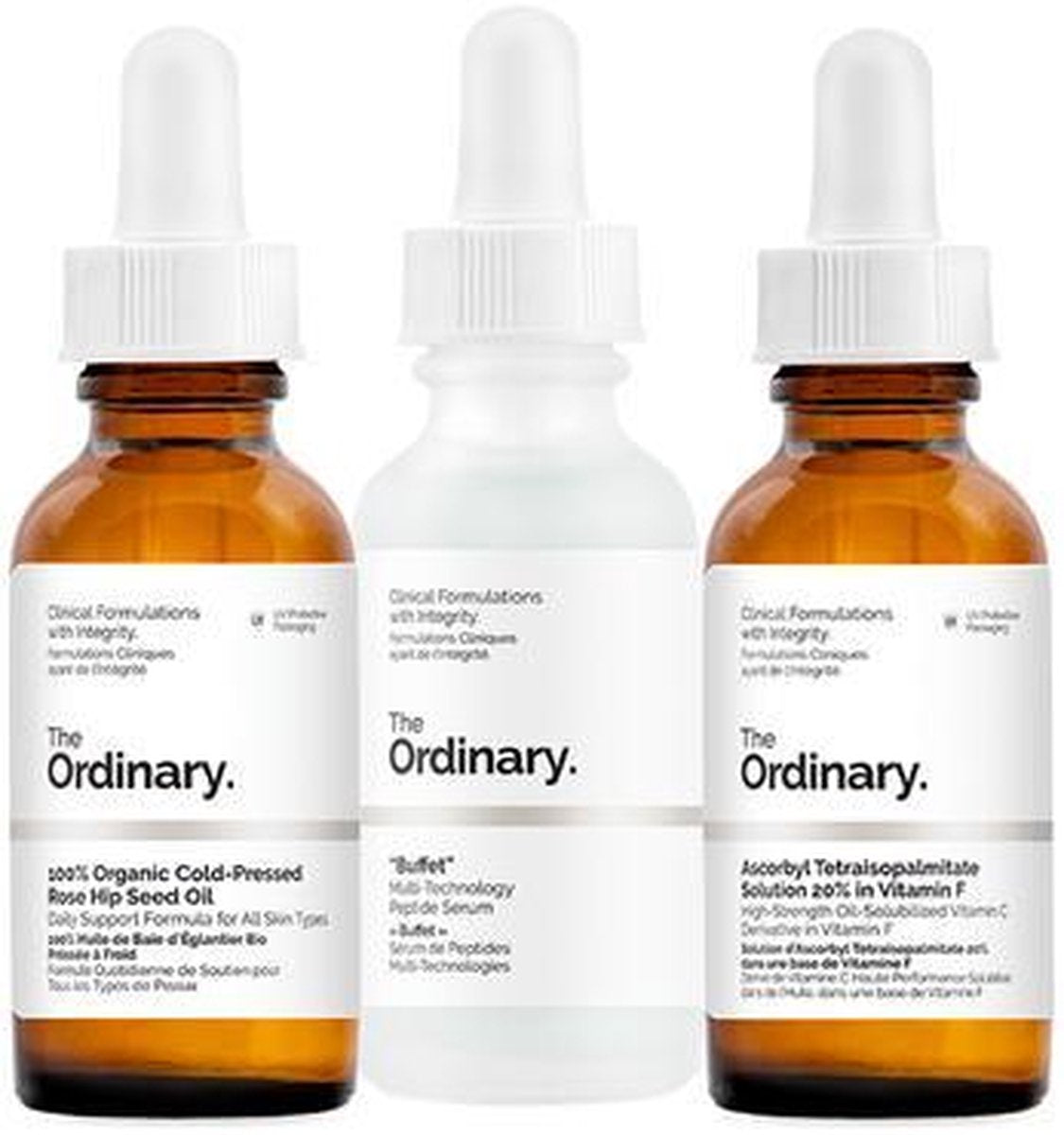 Anti-Aging Tripple skincare set - The Ordinary | Buffet Serum | 100% Organic Cold-Pressed Rose Hip Oil | Ascorbyl Tetraisopalmitate Solution 20% In Vitamin F | Anti-aging | Anti-rimpel | Tegen pigmentvlekken | Vitamine C | Vermindert rimpels