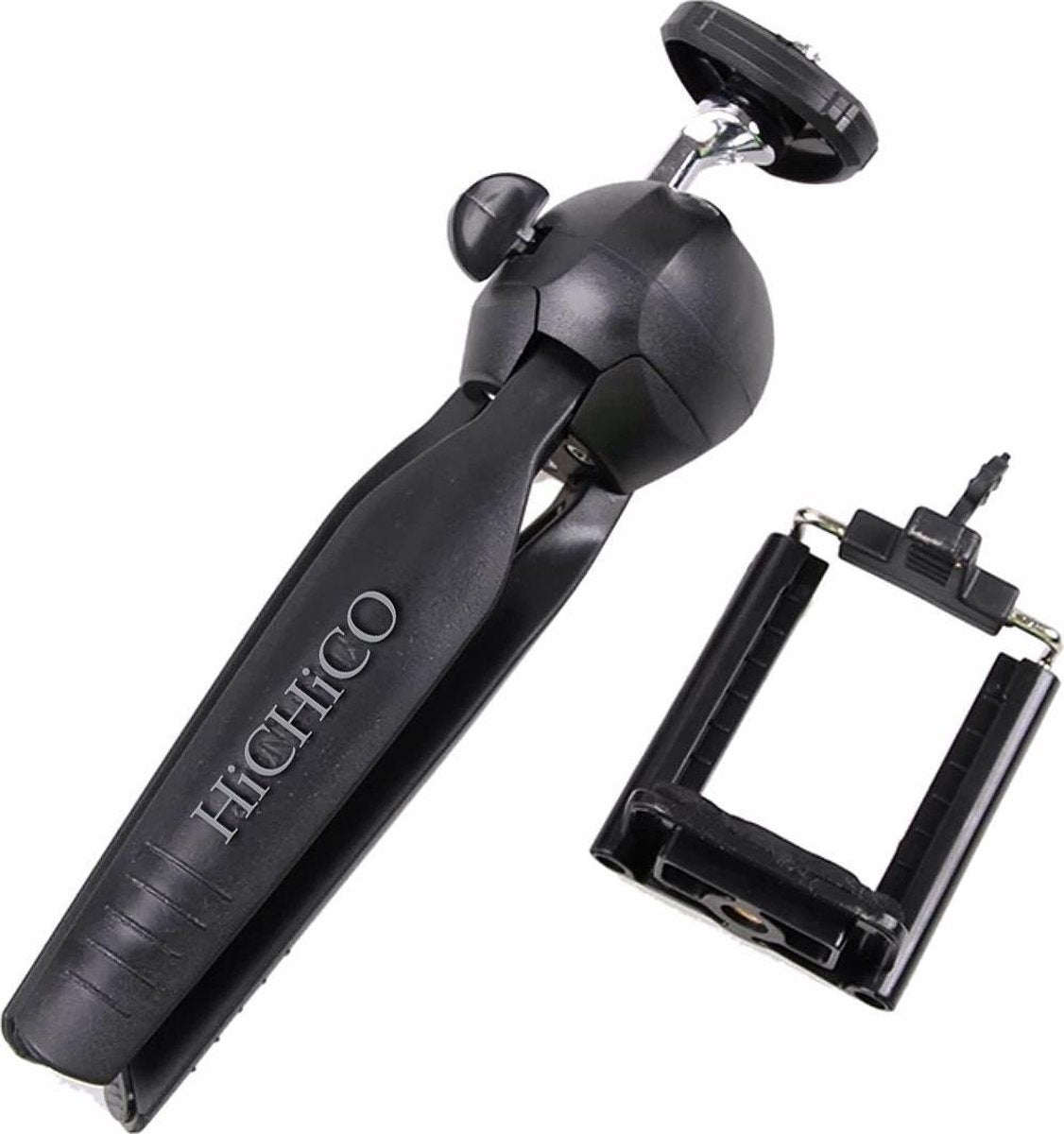 Mini-statief Camerastatief voor fotocamera en telefoon - iPhone - Canon - Nikon - GoPro -Spiegelreflexcamera Inclusief telefoonhouder + Bluetooth shutter – Mini Tripod Zwart - HiCHiCO