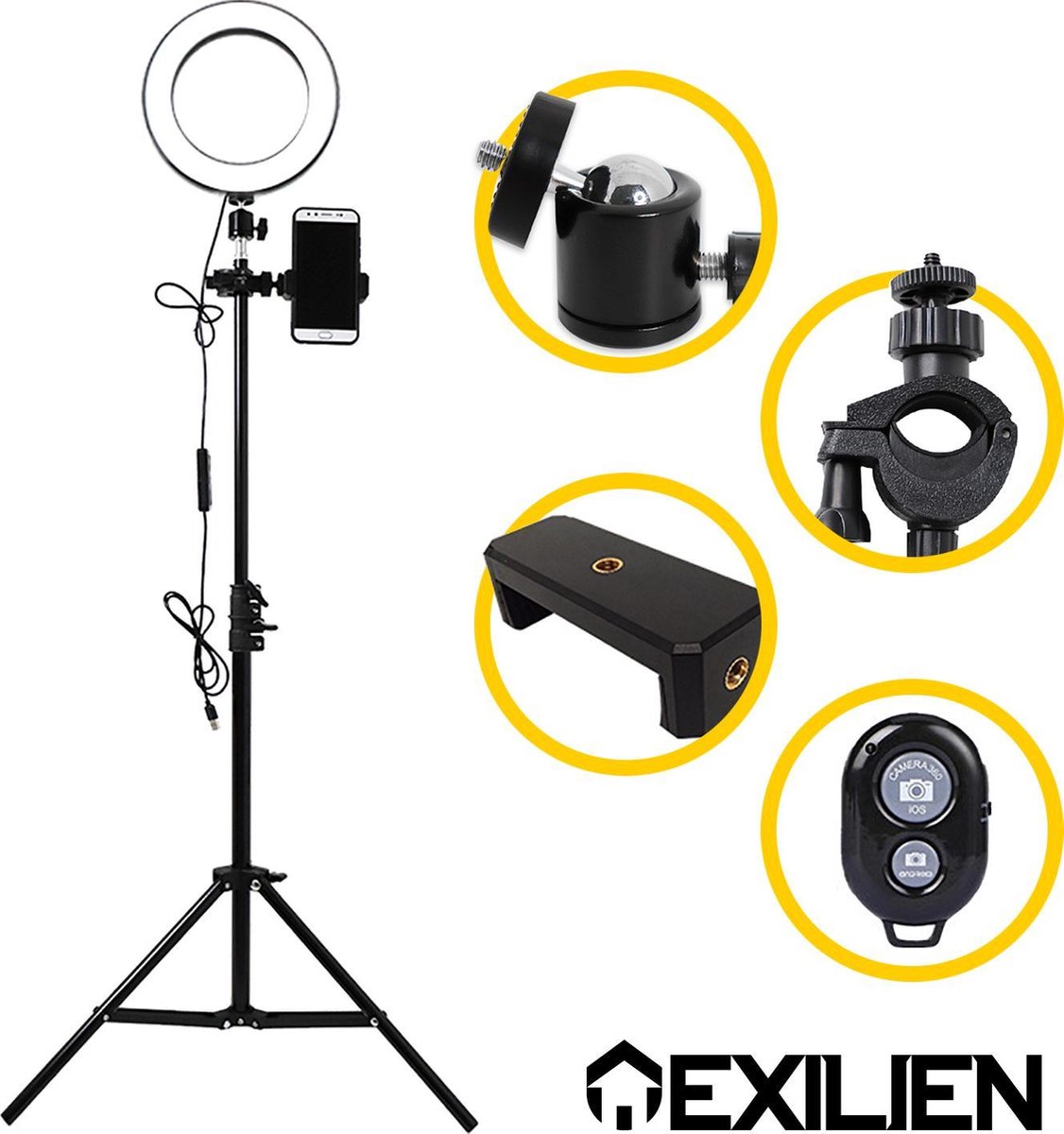 Exilien LED ringlamp met verstelbaar statief – ideaal voor selfies TikTok vloggen – 360 graden verstelbare telefoonhouder – USB – bluetooth – ring light - afstandsbediening