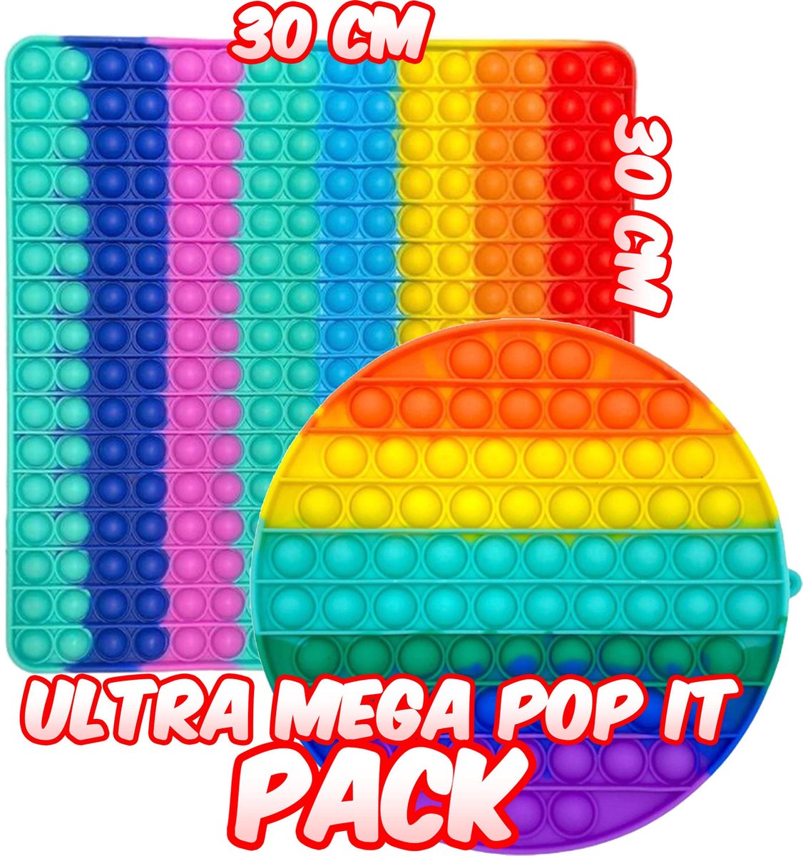 Ultrasativa® - 2 Pack - Pop It XXL - Pop It - 30X30 - 20X20 - Mega Pop It - 2 Pop It Mega Groot - Vierkant - Rond - Regenboog - Regenboog Pop It - Fidget - Fidget Toys - Tiktok Trend -