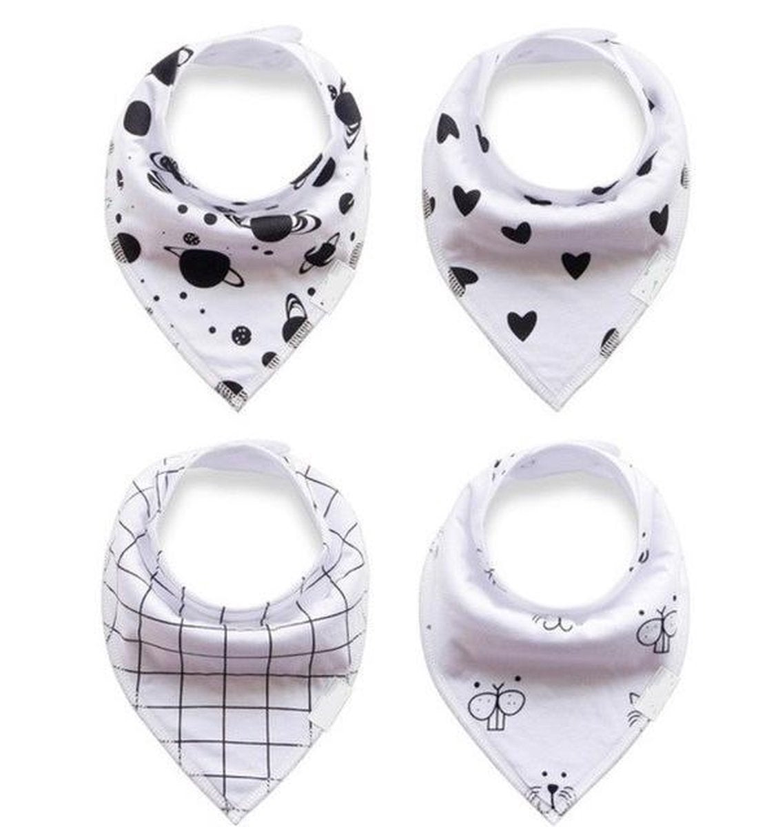 JillyBee - Slab - Slabbetje - Slabber - Bandana - 4pack - Geruit - Hartjes - Planeet - Dier - Zwart - Wit