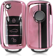 kwmobile autosleutelhoes voor VW Skoda Seat 3-knops autosleutel - TPU beschermhoes - sleutelcover - Rallystrepen design - zwart / hoogglans ros�goud