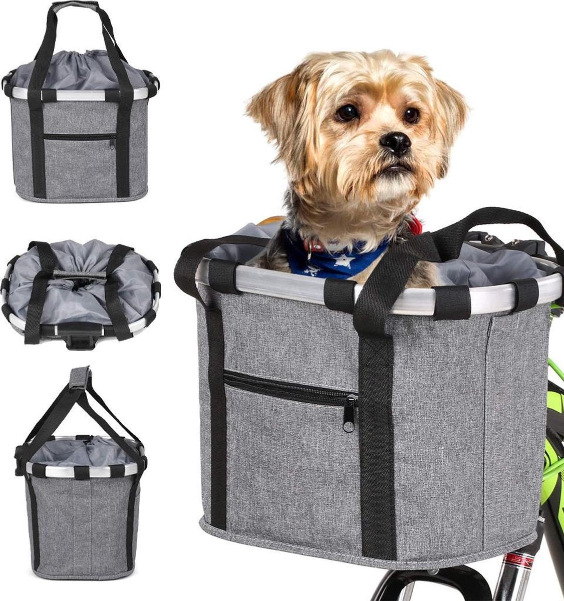 Fietsmand Grijs Hond Premium - Boodschappentas - Hondenmand Fiets - Fietsmand Hond Voorop - Fietsmand Hond Bagagedrager - Fietstas Hond - Stuurtas - Vaderdag Kados - Vader Cadeautjes - Vaderdag Tip