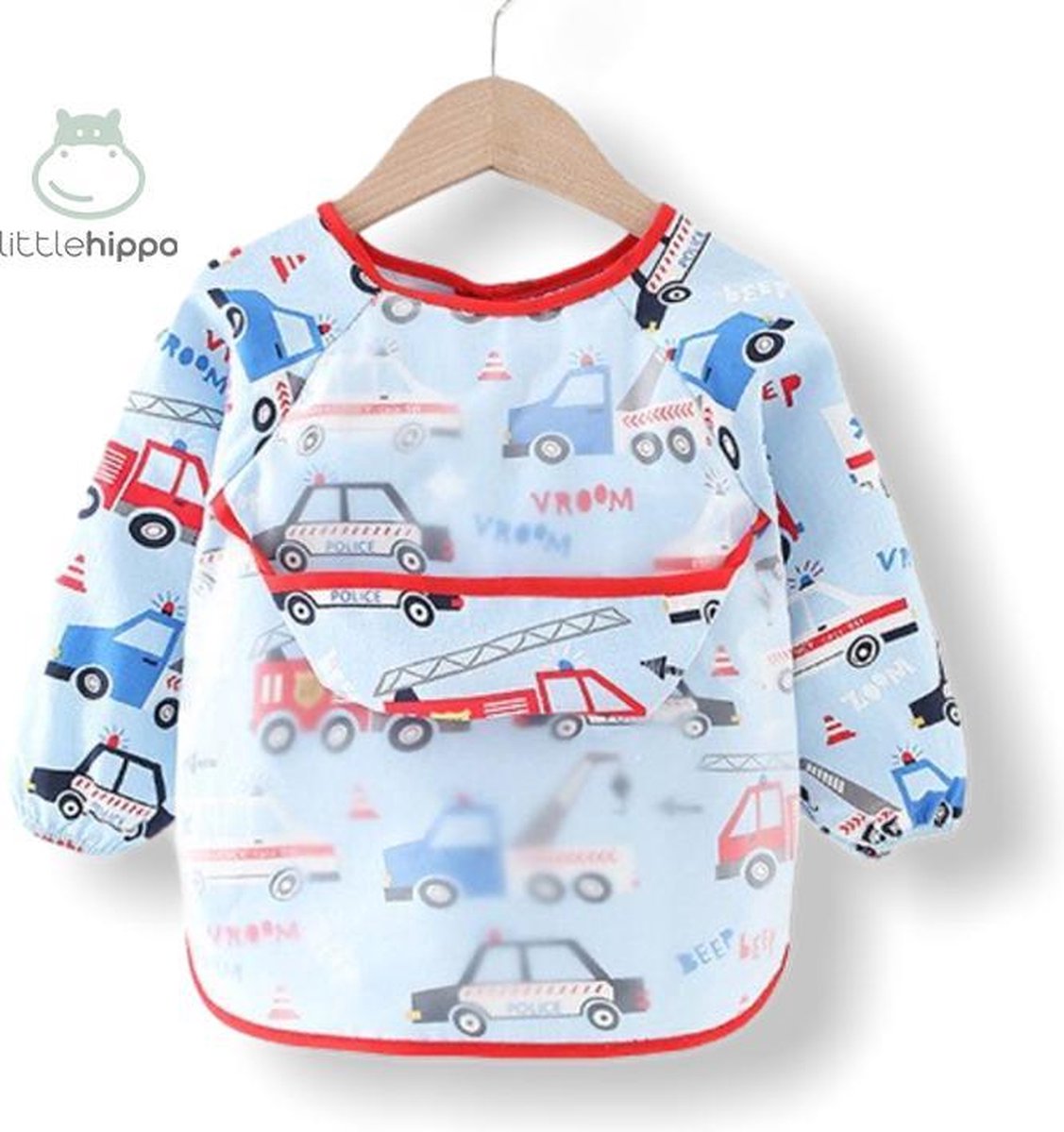 Kinderschort 'Vroom' lange mouwen - Slab met mouwen - Slabbetje Little hippo - Waterproof - Knutselen - Kliederschort - 12 tot 36 mnd