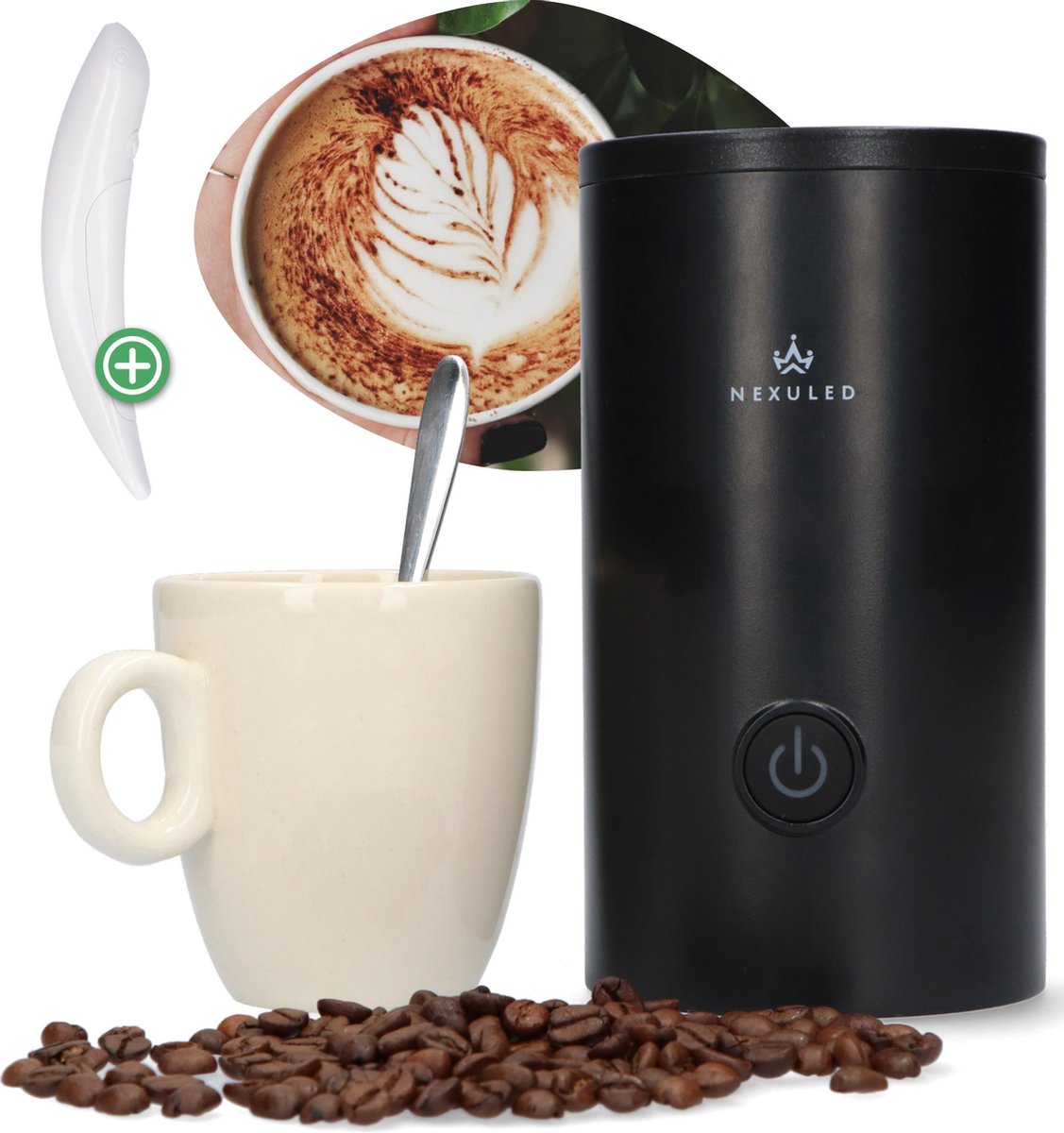 Nexuled Electrische Melkopschuimer Met Kruidenpen Én 16x Sjablonen - Voor De Mooiste Cappuccino - Zwart