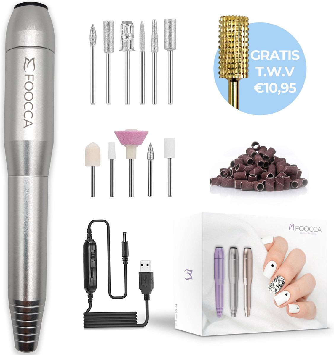 FOOCCA Nagelfrees - 12 Bitjes en 58 Schuurrolletjes - Eelt Verwijderen - Manicure Apparaat - Pedicure Set
