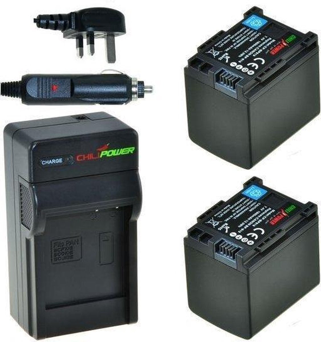 ChiliPower 2 x BP-819 accu's voor Canon - Charger Kit + car-charger - UK versie