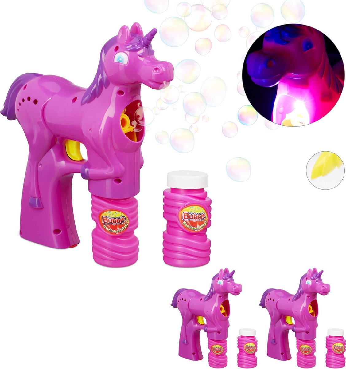 relaxdays 3 x bellenblaas pistool eenhoorn - LED - bellenblaasmachine - unicorn - roze