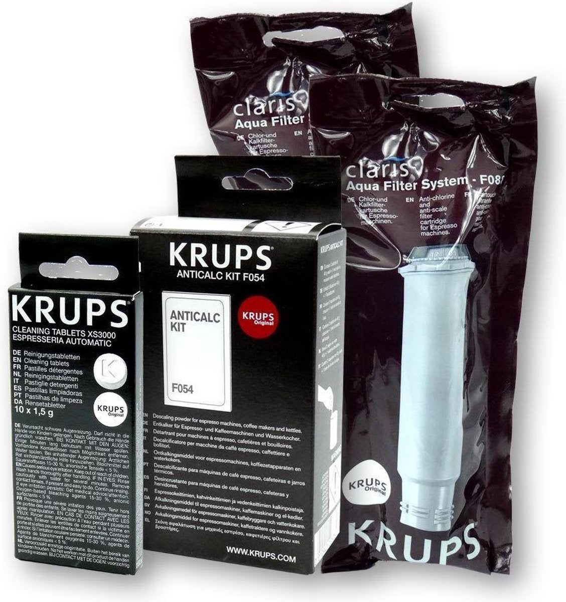2X krups waterfilter F088 - 1x Krups ontkalker F054 - 1X Krups reinigingstablet xs3000
