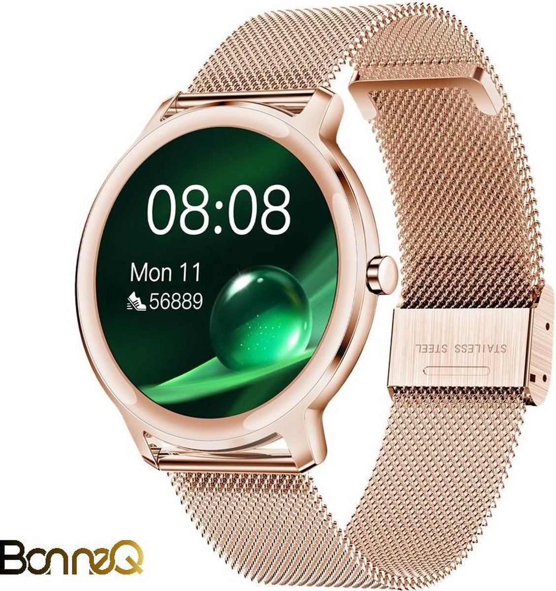 BonneQ - Luxe dames Smartwatch - Stappenteller - Stappenteller horloge dames - Hartslagmeter - Calorieënverbruik - Sportfuncties - Ontvang inkomende berichten (social media) – Bellen - Slaaptracker – Rosé goud