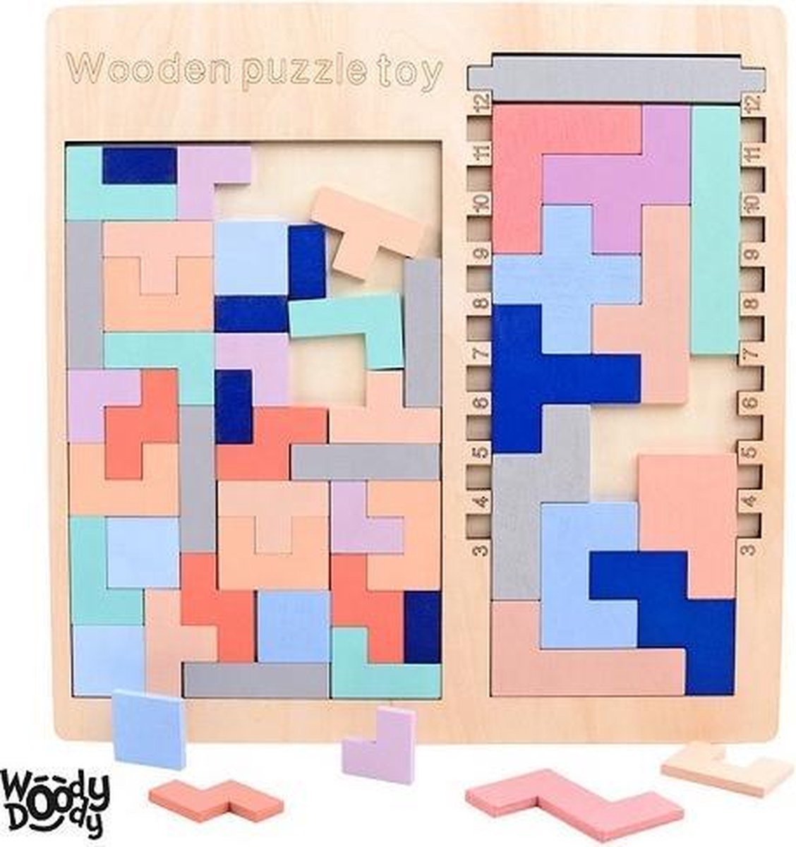 Tetris Vormen Puzzel - Houten Blokjes Tangram - Educatief Spel 4 jaar - Ruimtelijk Speelgoed Jong en Oud Kleurrijk Veilig - WoodyDoody