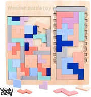 Tetris Vormen Puzzel - Houten Blokjes Tangram - Educatief Spel 4 jaar - Ruimtelijk Speelgoed Jong en Oud Kleurrijk Veilig - WoodyDoody