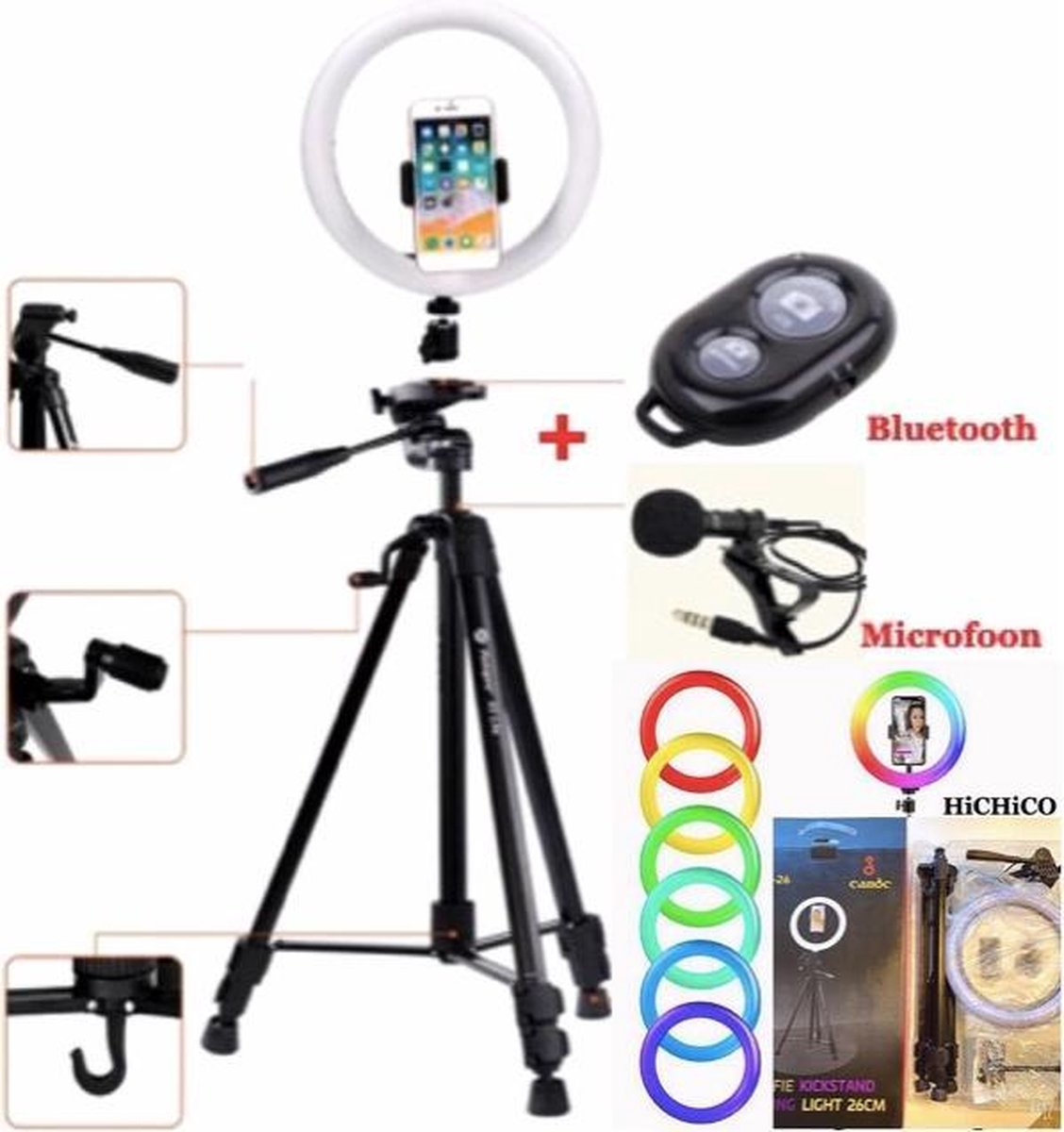 Selfie LED Ring Lamp 26Cm met Kleuren / RGB LED + Tripod - Statief Camera mod-VCT.3366 Inclusief Bluetooth afstandsbediening en Telefoonhouder Selfie - lamp -Ringlamp - Statief - Tik tok - flitser – Make up light – Studiolamp – Ring Light – RGB MJ26