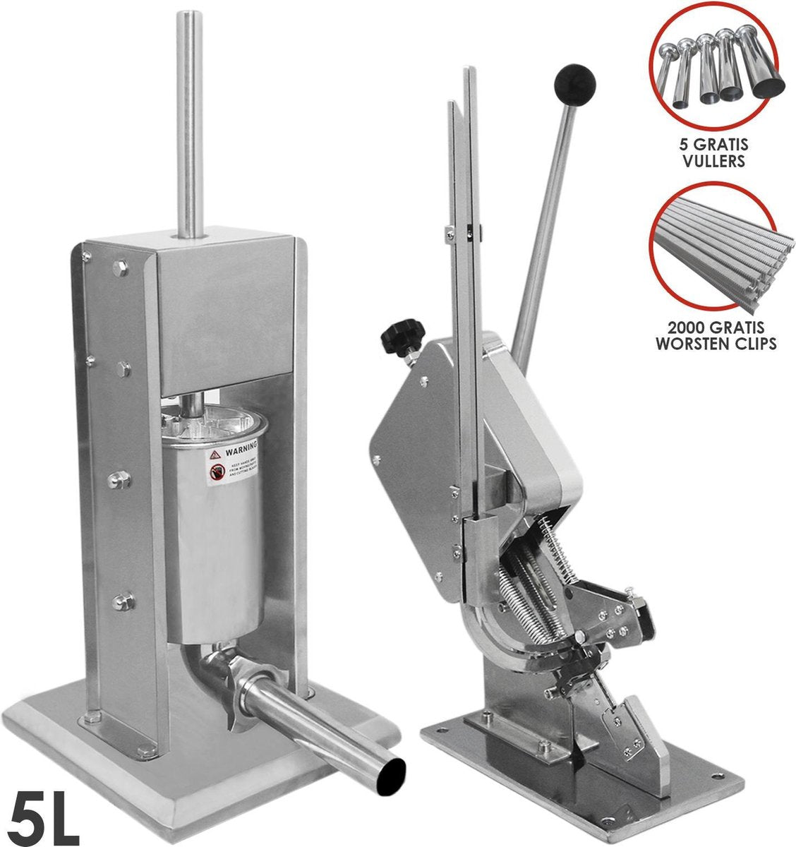 Bundel: Kukoo 5 Liter Worsten Vuller + KuKoo Worsten Knipper - Handmatige bediening - 2000 GRATIS clips - 5 GRATIS trechters