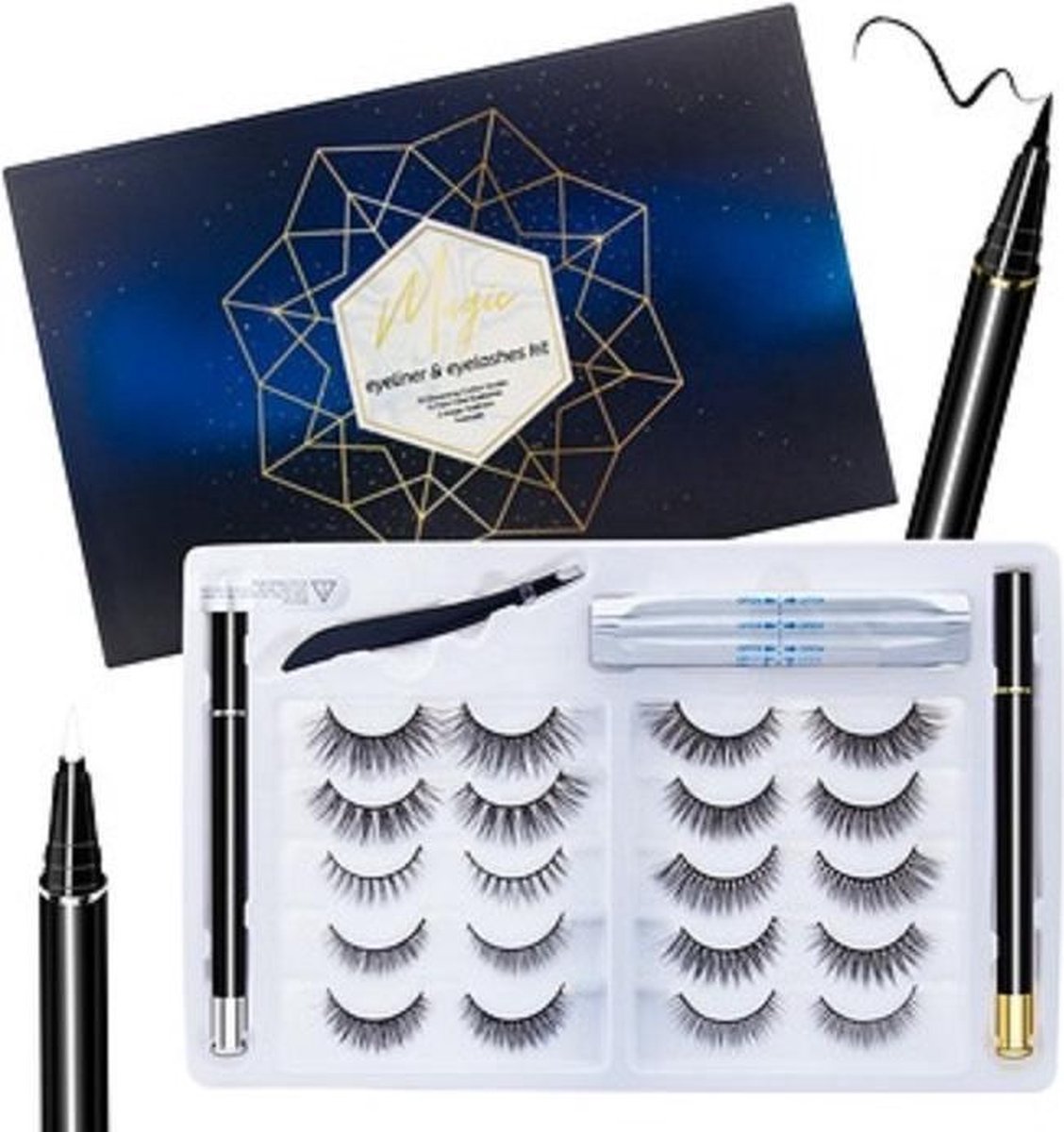 Magic Wimpers Set - Inclusief Wimperzetter en 2 flesjes waterproof Eyeliner - 30 keer herbruikbaar - 10 Paar