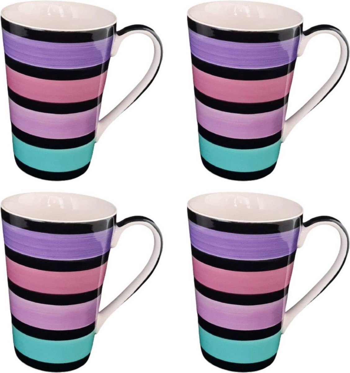 Mok - Beker - Set van 4 stuks mokken/bekers - Keramiek - 100% hand painted - Paars/roze/turquoise - 350 ml