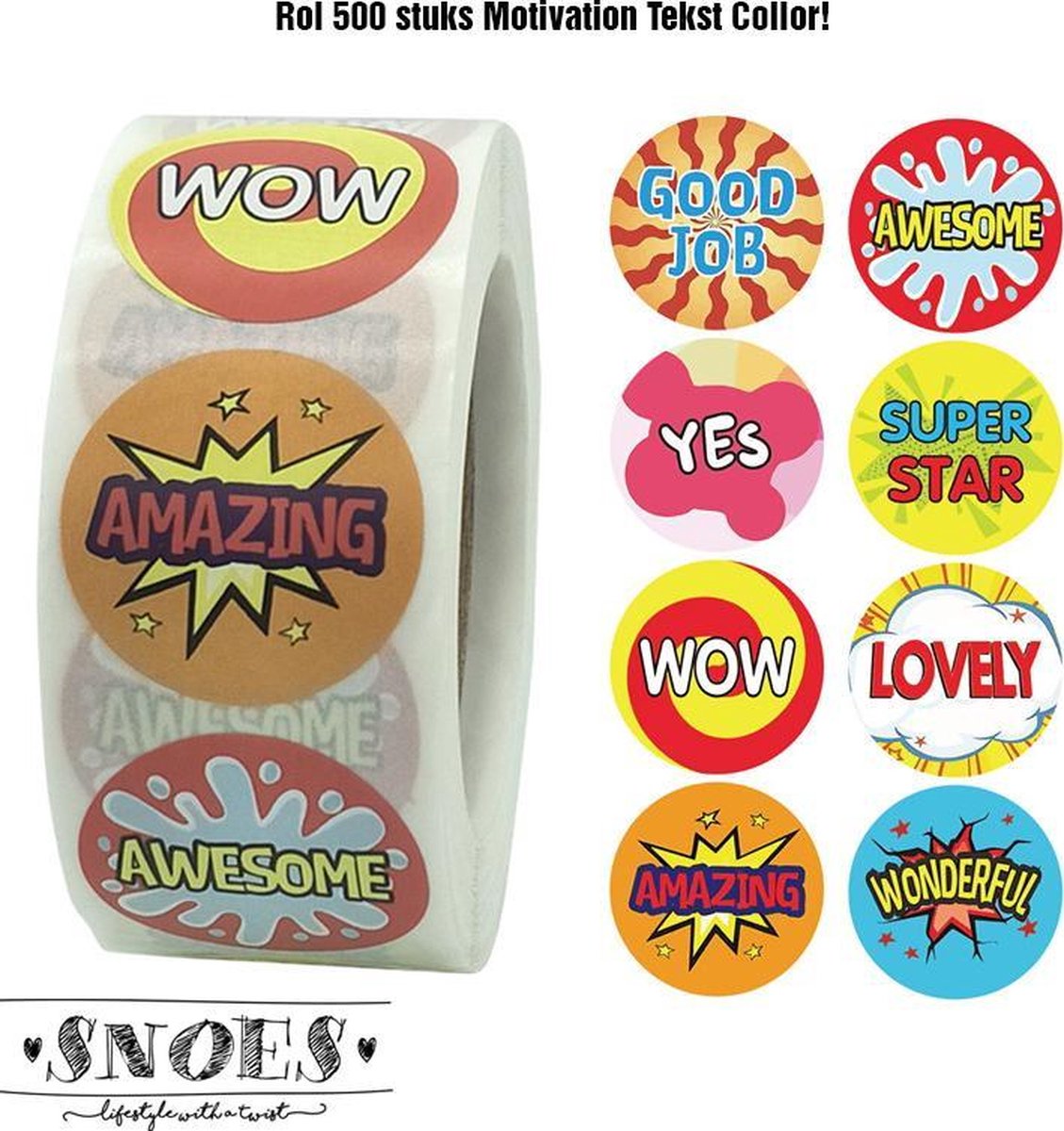 Snoes - sluitstickers 500 stuks - stickerrol - Motivation Tekst Amazing - beloningsstickers - stickers voor kinderen - schoolspullen - onderwijs - peuters - kleuters - Motivatie Amazing - cadeau - kado - inpakken - Vrolijk Cadeau
