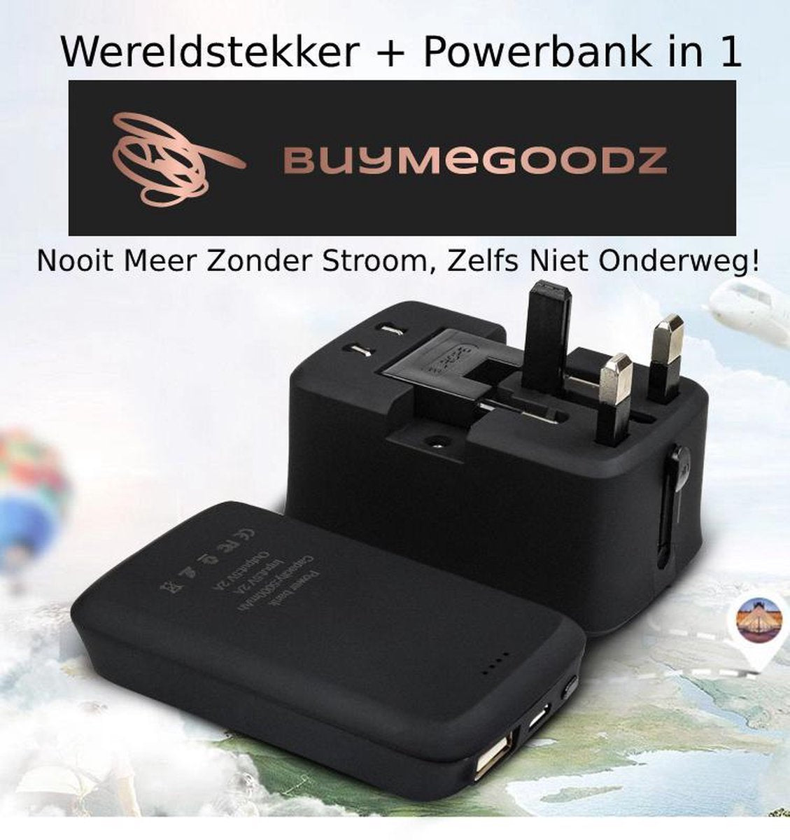 Universele Wereldstekker met Geïntegreerd 5000 mAh Powerbank + 3 USB Poorten - 2000 Watt Intern. Reisstekker voor 150+ landen - Amerika (USA) - Engeland (UK) - Australië - Azië - Zuid Amerika - Afrika – Reis Adapter met Omvormer - Oplader – Zwart